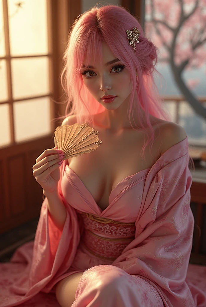 Portrait of a female hyperrealist by David Hockney and Alphonse Mucha、Fantasyart、Photorealsitic、动态照明、art  stations、poster for、Volumetric lighting、extra detailed face、4 k、Award-winning、、1girl、dark、deep-shadows、lowkey、cowboy  shot、(Formula service:1.4)、a pixie cut、Pink hair、