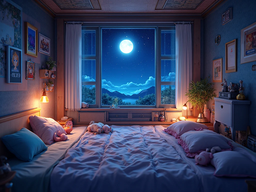 Bedroom window with night sky, full moon and stars in sky illustration (illustration 8k), chinoiserie, pink, unmanned, (best quality) (intricate details) (8k) (night sky)