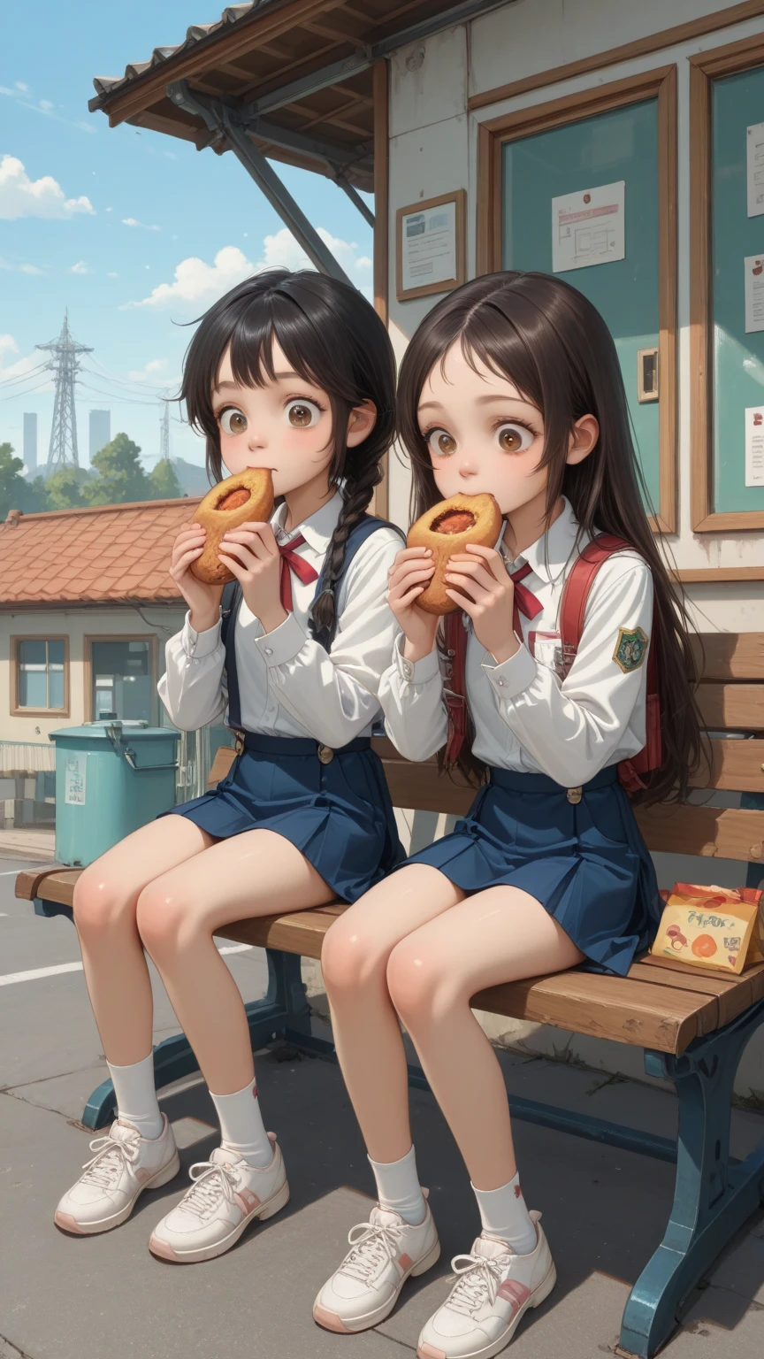 Top quality, 8K, highest quality, masterpiece, ((Odd-eyed high school girl)), ((Heterochromia, Red Eyes, Green Eyes)), ((Sparkling, detailed eyes)), (Very precise eyes), (Crystal eyes)), (Long platinum and purple hair), Princess cut, ((Translucent, shining white skin)), Glossy skin, Very white skin, ((Very small )), ((Mole on )), (Anatomically correct depiction), ((Wearing a dark blue long-sleeved sailor uniform)), ((Wearing a dark blue flared skirt)), ((Sitting in a dining chair, catching a sandwich on a plate with her hands and eating it)), ((Iced coffee on the table), Eating a sandwich, Dark blue long-sleeved sailor uniform, Knee-length stockings, Delicate depiction down to the fingertips, Smile, Very beautiful.