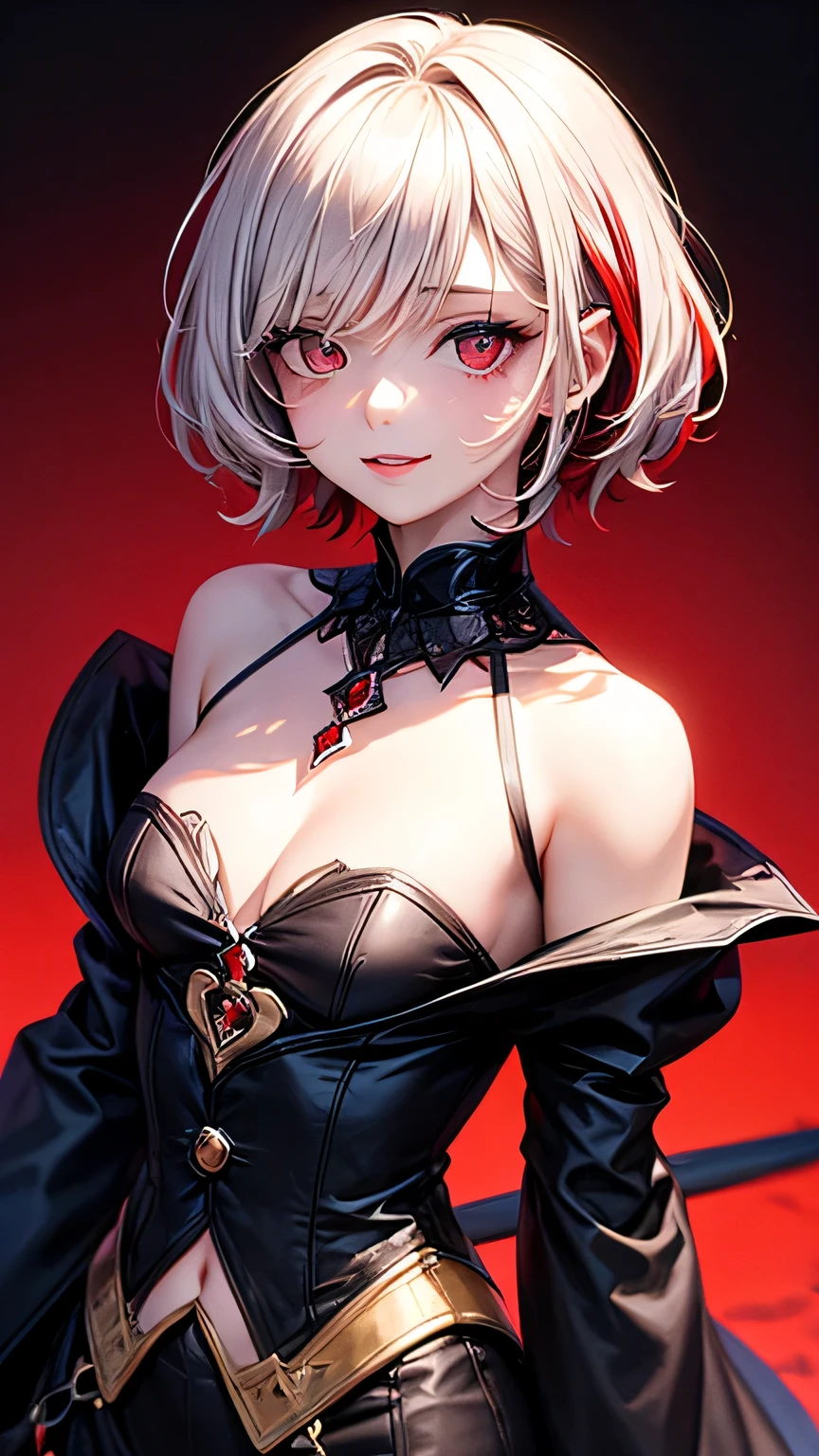 1girll，White color hair，Various hairstyles，Wear a black flower on your head，beauitful face，crisp breasts，Convex buttocks，Wearing a black gauze tights，Wear a black wristband，Black lace-up heels，Wearing a black military uniform overcoat，The inside of the coat is red，perfectly proportioned, Cinematic lighting, filmgrain, Fujicolor, lightand shade contrast, 8K, 巨作, Textured skin, Super detail, high detal, High quality, A high resolution,