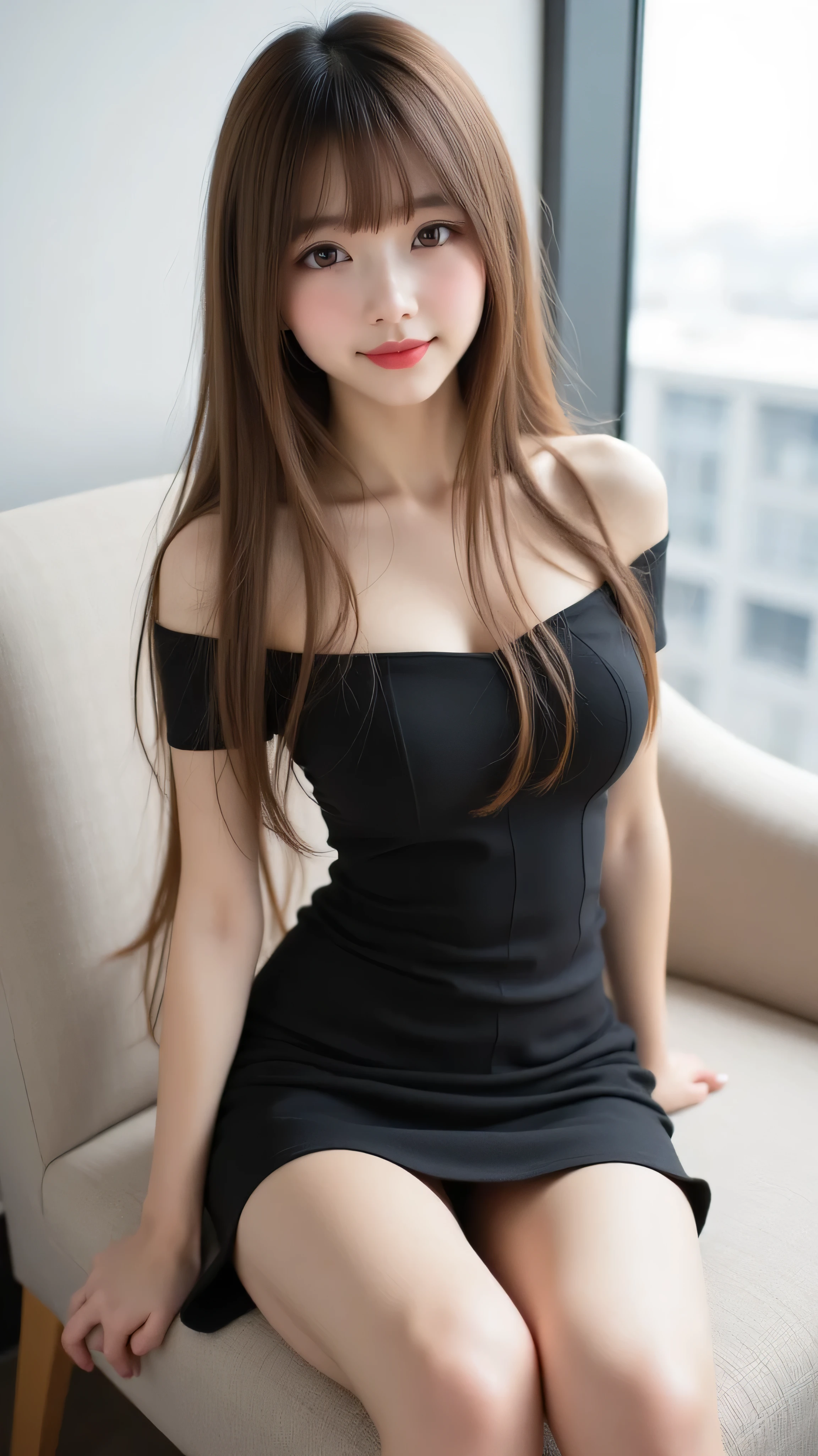 1girl,Pure Japanese Business Girl,open shoulders allure short dress, high heels, skirt for ears, (Panties and pantyhose), formal hairstyle, Formal Makeup, Striking large brown eyes, pure smile, is sitting, Open Your , Sweet Temptation , professional portrait, Dazzling Summer Sun , 1 girl on break day, solo, long hair, high resolution, Look, high resolution, masterpiece, 解剖学的にaccurate, accurate, number々award for a solid gold bicycle , 最高quality, details, 高いdetails, HD model, quality, very detailsed, , textured skin, Super Fine, long hair, Bangs, 目の間のBangs, とてもlong hair, quick, 分け目のあるBangs, Fluttering Hair, Princess Cut, simple background, glitter effect, Blurred, blur background, スーパーdetailsな, スーパーdetails, alluring poses