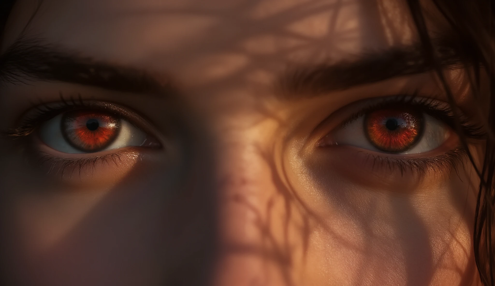 Masterpiece ultra photorealistic close up view of two extremely beautiful eyes with scarlet red iris reflecting light, belonging to a beautiful young female face. Hyper detailed, UHD, 8K