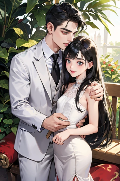 (table top, digital art, digital illustration, 4k, 8k, Super detailed, beautiful images, clear image, realistic, RAW photo, perfect face, perfect lines, perfect eyes, soft lighting) ,1 female, (long black hair,straight hair,bullish look,Beautiful woman,grace,Make up well,23 year old female,small breasts:1.3),Two handsome men in suits, (human,muscular,solid shoulder width, human,boyish hairstyle,English gentleman'Style,A man in his 30s with a cool expression,28-year-old man with bright smile:1.2),白い歯を見せてsmile(embarrassing,shy smile:1.1),garden full of light、、resort sofa、colorful flowers、innocent smile,smile、couple kissing、kiss、the kiss、romance、Mermaid line wedding dress rose bouquet、