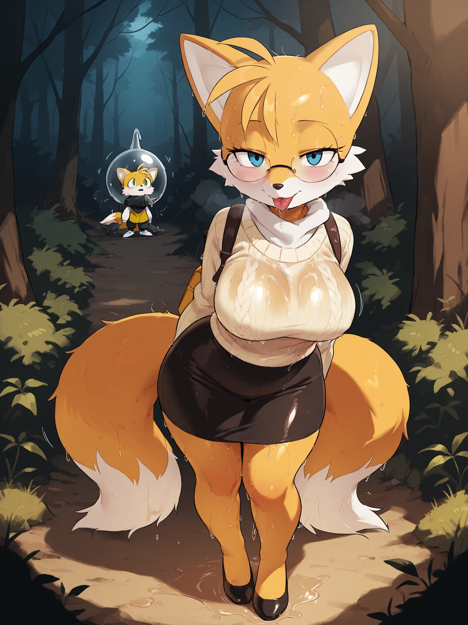 (masterpiece, best quality), hairy:1.3, snout:1.2, The second:1.3, hairy:1.2, incredible quality support, muy estético, absurd, high resolution, NEW , HDR-10, 8K, cinematic, professional photograph, A girl, (((Tails "Miles" Prower:1.25))), big boobs, Shortstack clothing, (Small but curvy), yellow knit sweater and red satin pencil skirt, glasses, Alone , (((Seductive Expression))), in a forest, detailed background, standing, neckline with the mouth open and the tongue out, underground dispersion,  translucent , brilliant, SSS, ambient lighting, atmospheric fog , Illustrations P0s , (super quality:1.2), full body image:1, (((very wet:1))), Standing,