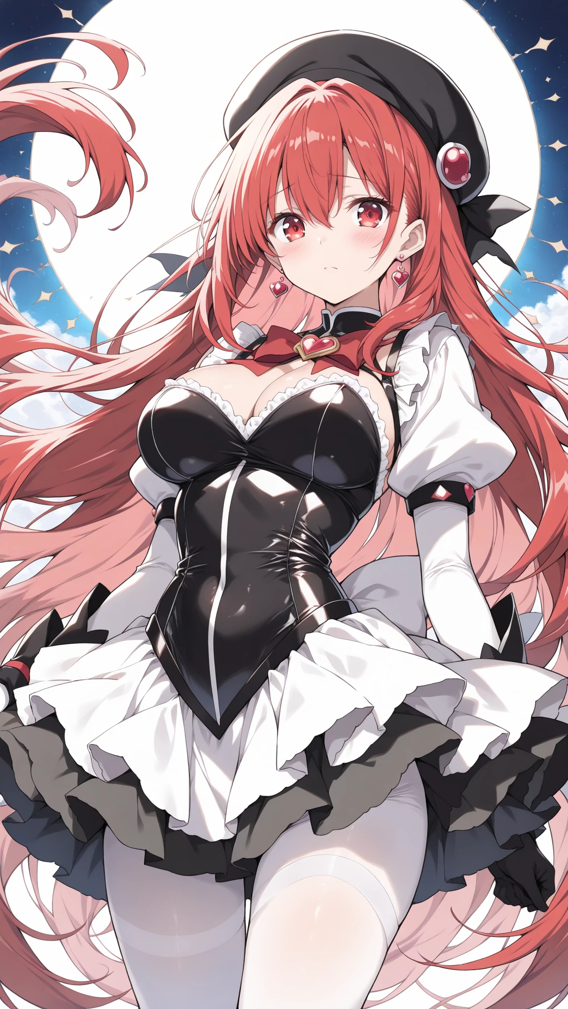 heartthrob, Masterpiece, Top quality, Beautiful face, Absurdity, hdr, (Cowboy shot, White ruffled lace mini dress, White collar, White frilled cuffs, Particle: 1.5), (full bloom, Glow: 1.4), (Smile), (Red inner hair, Fuchsia eyes: 1.7), Sharp focus, Photorealistic, high resolution, best detail, Ultra detailed, Detailed face and eyes, Sharp pupils, Realistic pupils, Sharp focus, Shiny skin, (Black long hair, Black corset: 1), (Dark Studio, Dark background: 1.5), rim lit, Dynamic and cinematic lighting, ((skirt up: 1.3)))), ((White panties visible))),