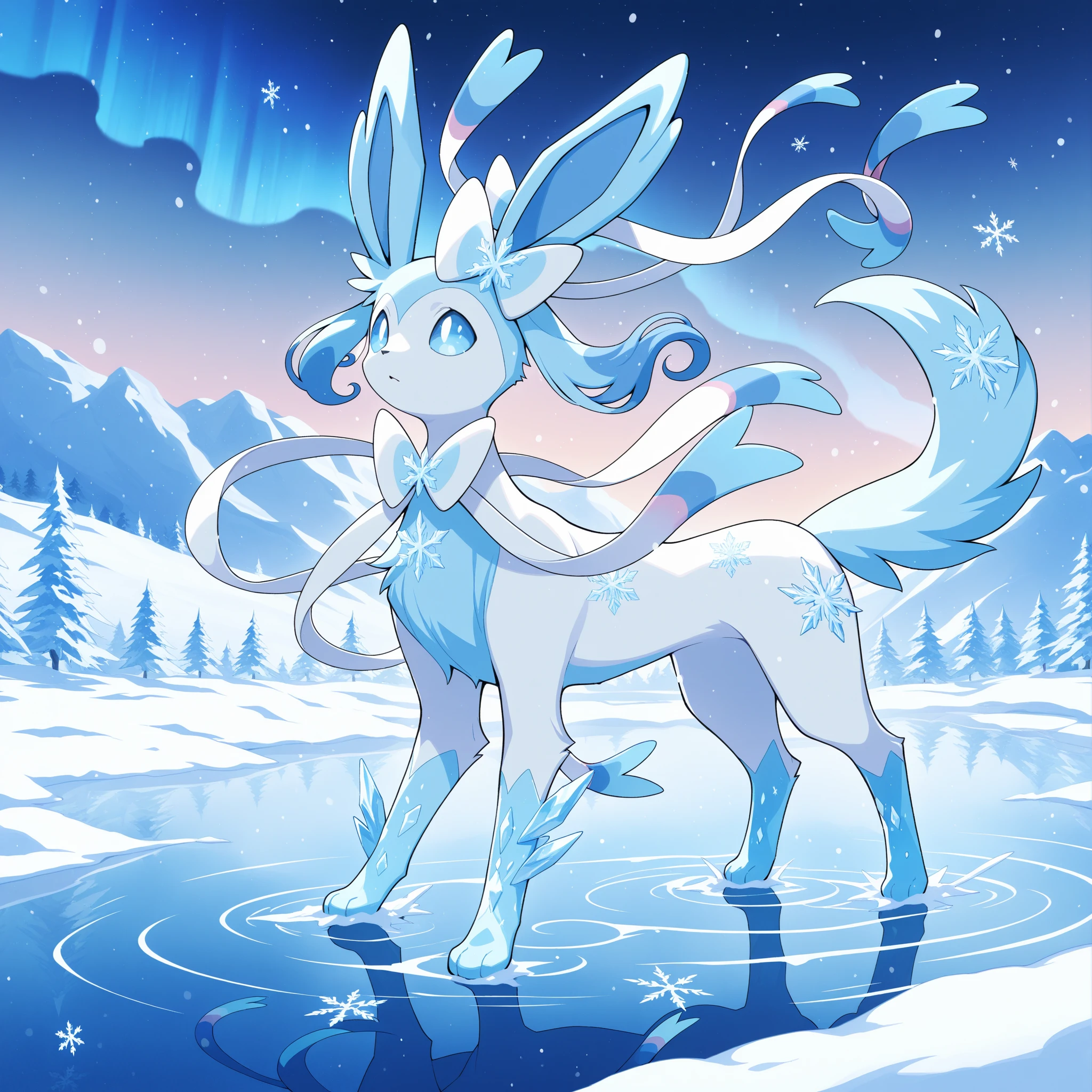 glaceon, snow,pokemon \(creature\),animal, full body, tree,, (masterpiece, best quality,absurdres: 1.2),, perfect hands,, masterpiece,best quality,ultra-detailed,very detailed illustrations,extremely detailed,intricate details,highres,super complex details,extremely detailed 8k cg wallpaper
