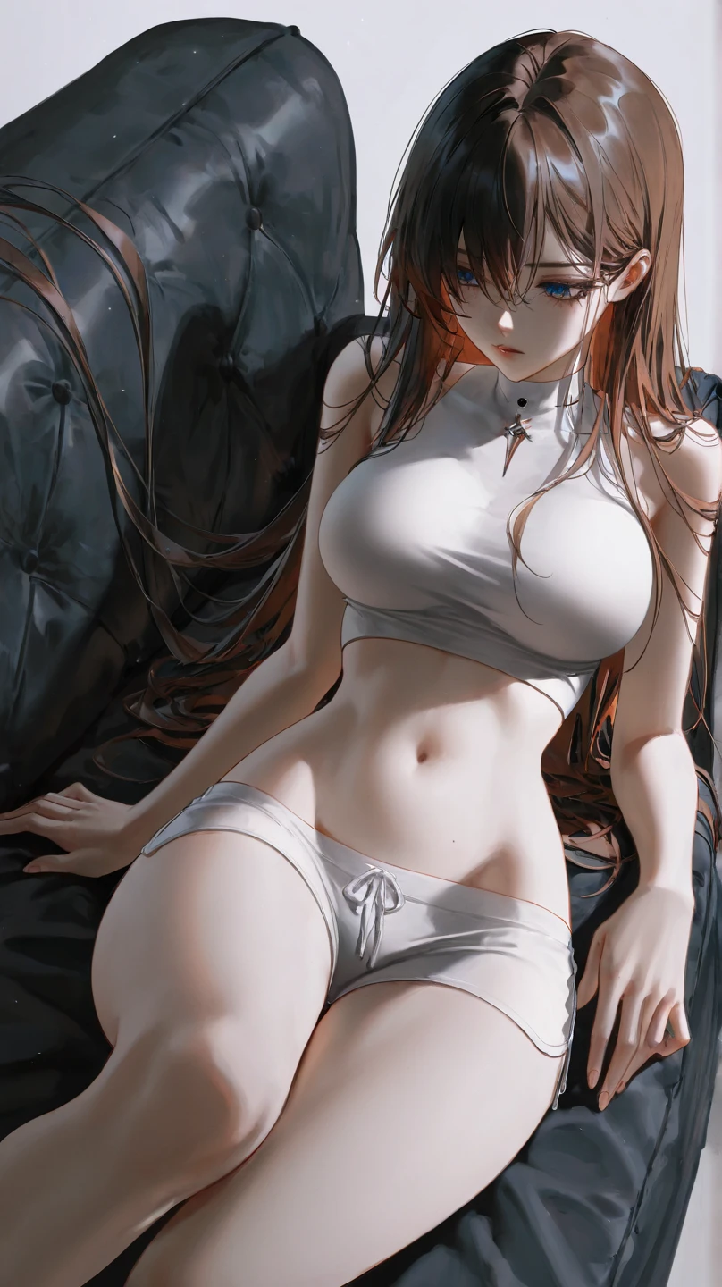 Mujer totalmente desnuda, medias negras, tetas grandes, acostada en la cama, mirada seductora, pelirroja