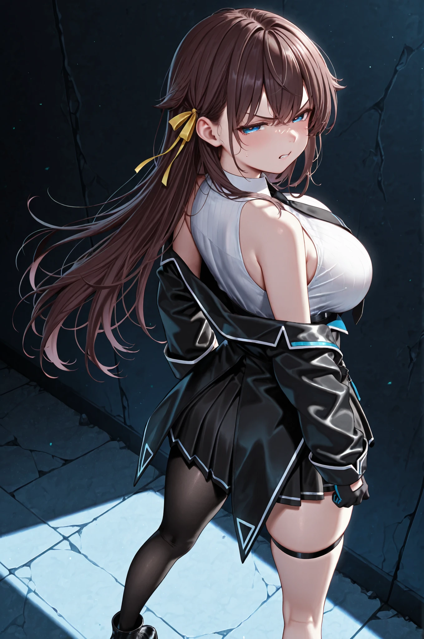 solo,kanawork, single thighhigh, single leg pantyhose, black jacket, sleeveless shirt, thigh strap, necktie, black footwear, gloves, black skirt,hair ribbon,kashiwazakikana, brown hair, blue eyes,big breasts,from back,half open eyes,angry