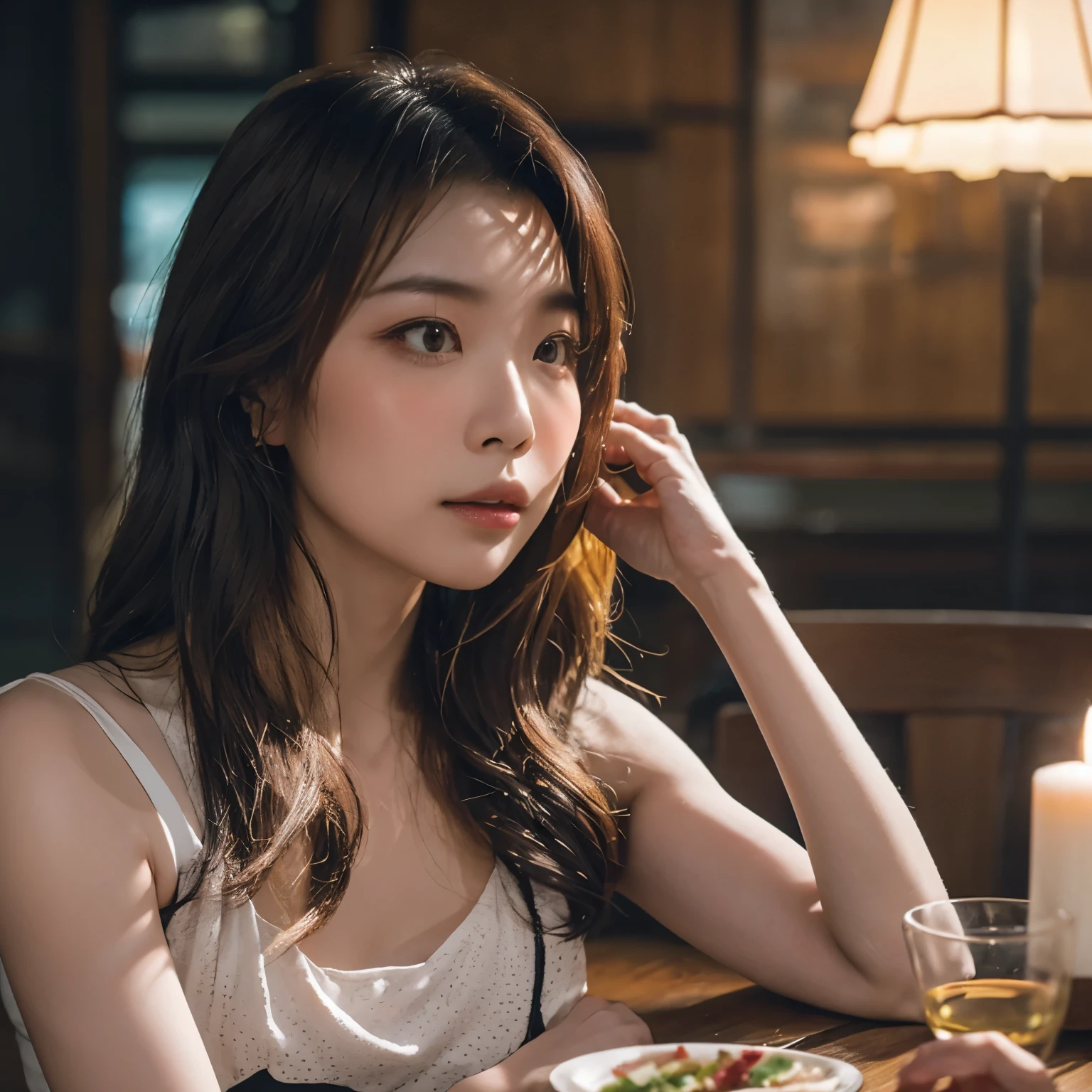 A cinematic portrait photograph of a serene 20-year-old Thai girl with long, flowing white hair cascading down her shoulders. She stands gracefully, wearing a delicate silk dress, and offers a soft smile, her deep black eyes reflecting a quiet confidence and inner peace. The background is a softly blurred, upscale restaurant with warm, ambient lighting and subtle reflections of crystal glassware and silverware.with goodlooking guy A single orchid rests elegantly on the table beside her, complementing her natural beauty and creating a sophisticated, tranquil atmosphere.Below, a sprawling cyberpunk cityscape blurs with neon red and orange lights reflecting off rain-slicked streets, Urban nightA Japanese woman of poetic, realistic beauty is depicted in a black camisole, surrounded by petals that glow like tiny lanterns. Her skin is a pale reddish hue of spring, dotted with fresh highlights like morning mist. The background transitions into a soft watercolor gradient of peach and ivory, evoking a modern Japanese fairy tale. The exquisite lighting, cinematic tone, and meticulous detailing are all combined.