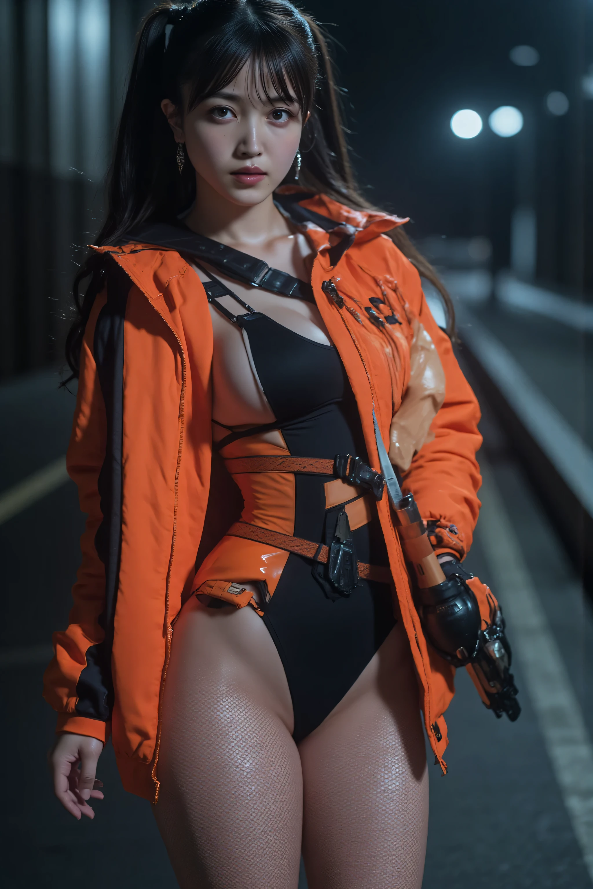 (((Midnight Heavy Snowfall Zone:2.0))),(((HR Gigger Style Cyberpunk Atmosphere:2.0))),(((holding a Japanese sword:2.0))),((Side view from back:2.0)),Side pose,((look back at camera:2.0)),((looking back over shoulder:2.0)),back view,Full Body,A woman,(cute faces getting creampied:1.5),(Beautiful well-balanced face :1.7),((long wavy hair:2.0)),(dark haired:1.5),(beautiful eyes:1.3),glamorous shot of a 20-year-old Japanese woman,Beautiful Slender Body,((model body type:2.0)),((slim body:1.7)),perfect body line,ideal proportions,((BIG BREASTS:2.0)),((F cup chest:1.5)),big boobs,Bare thighs,sensual thighs,delicate body,(muscular:1.7),a harmonious posture,((Realistic breast depiction :1.7)),((carefully depicts limbs based on perfect anatomy:2.0)),((beautiful tight butt:2.0)),((cute ass:2.0)),((T-back:2.0)),((((Samurai Armor Style Super High Leg Leotard:2.0)))),(((Super High Leg Leotard with Black Harness:2.0))),((((Samurai Armor Style Fluorescent Orange Military Jacket with Open Front:2.0))),((Tactical Holster:2.0)),(Gloves:1.7),((((thick fishnet tights with orange mesh:2.0)))),Concept Art,(Highest Quality:1.5),(masterpiece:1.5),(超高Resolution),Resolution,UHD,(Delicate Description),carefully drawn,32k,((realistic skin texture:1.5)),(((super realistic:1.5))),carefully drawn eyelashes,highly detailed face,highly detailed female hands, Sexy appearance ,very sensual,(Blurry, dim background:1.5),professional photography,(Movie Lights:2.0),((Blade Runner Style Lighting:2.0))