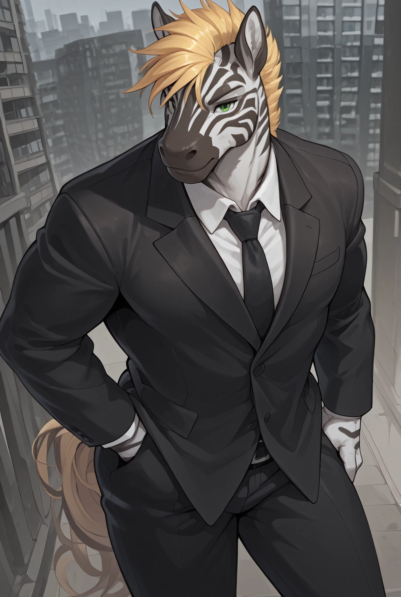 4g1typ3,Zebra, Male, Solo, Tall, Muscular, Tail, Green Eyes, blonde Mohican, black Suit, Top view, City Background