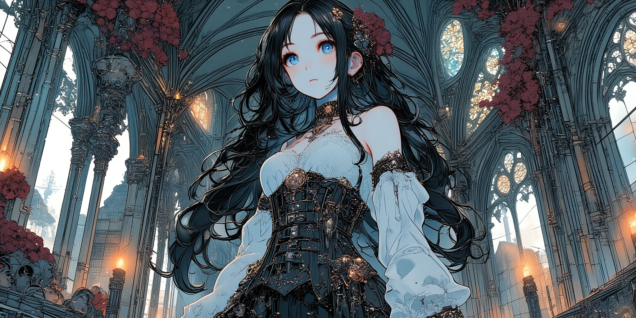 pale-skinned woman with long jet black hair and deep violet eyes, wearing a black lace corset dress, leather choker and silver rings. She stands in an ornate candle-lit cathedral with stained glass windows and gothic arches. Shadows and soft light define her sharp features and dramatic makeup, with burgundy roses and skull motifs decorating the background. Wide composition, dark cel-shaded lines, moody gradients, luxury anime style. No watermark, no text.