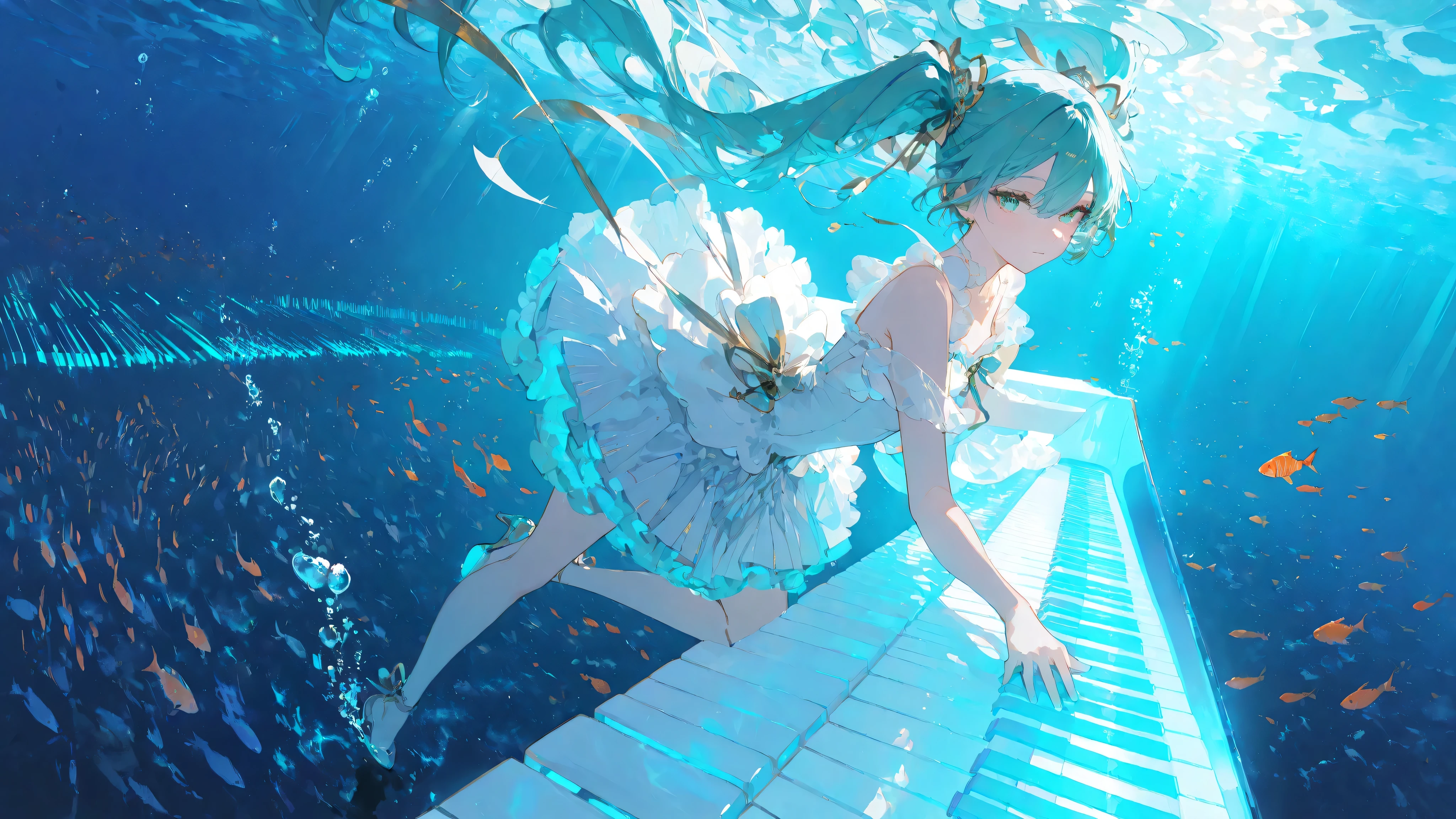 masterpiece, smooth shading, cinematic lighting, clear linework, sharp edges, detailed outlines, (high detail:1.1) ima_AI123Style /k.s†
Wide mid-shot, Hatsune Miku gracefully stepping on giant piano keys underwater in a dynamic side view with foreshortening, long twin-tails and ribbons flowing around her body, shimmering fish enclosed by the bubbles,glowing piano keys beneath her, distant water surface above casting radiant spotlight beams, dramatic and luminous atmosphere.