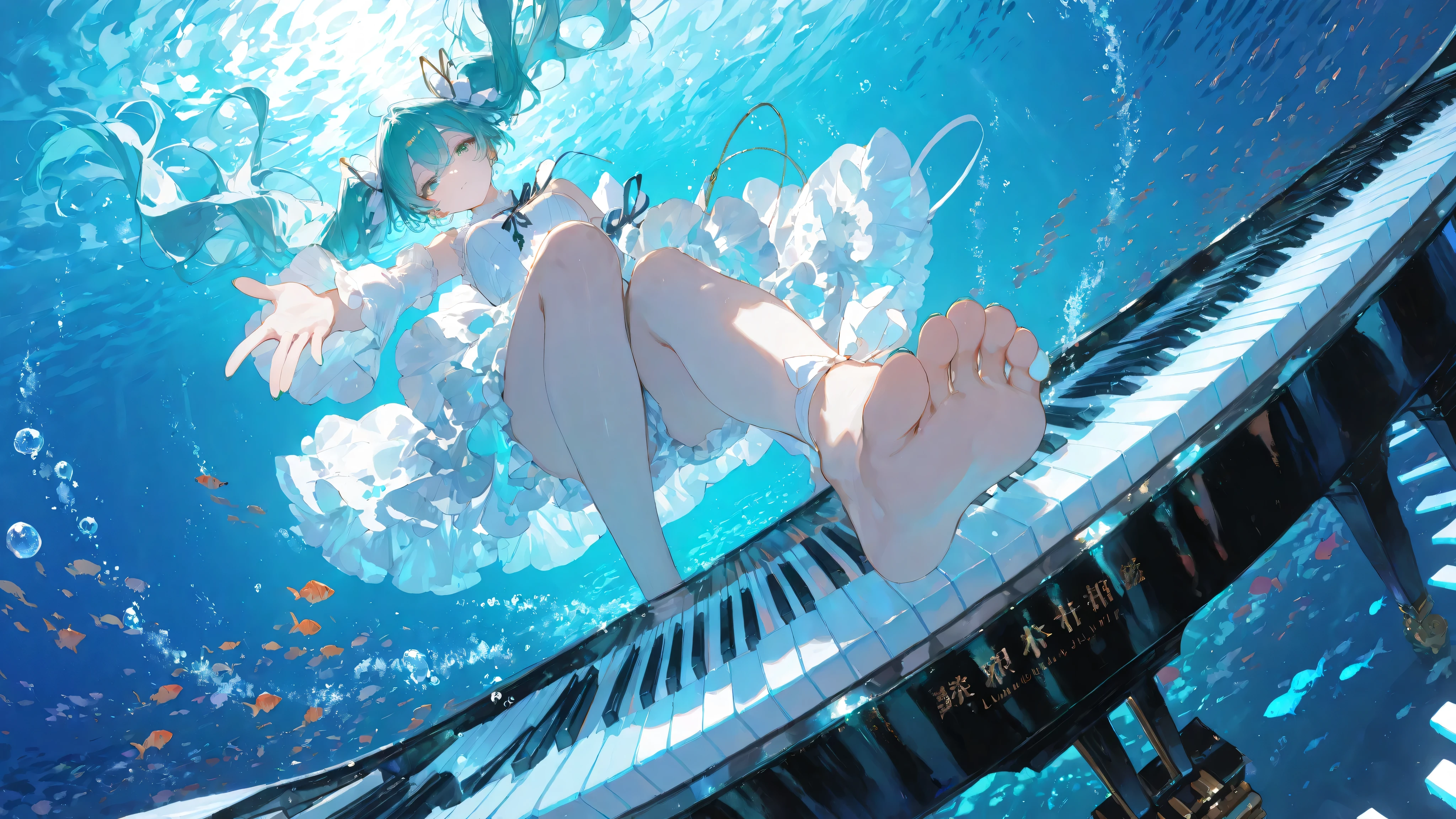 masterpiece, smooth shading, cinematic lighting, clear linework, sharp edges, detailed outlines, (high detail:1.1) ima_AI123Style /k.s†
Wide mid-shot, Hatsune Miku gracefully stepping on giant piano keys underwater in a dynamic side view with foreshortening, long twin-tails and ribbons flowing around her body, shimmering fish enclosed by the bubbles,glowing piano keys beneath her, distant water surface above casting radiant spotlight beams, dramatic and luminous atmosphere.