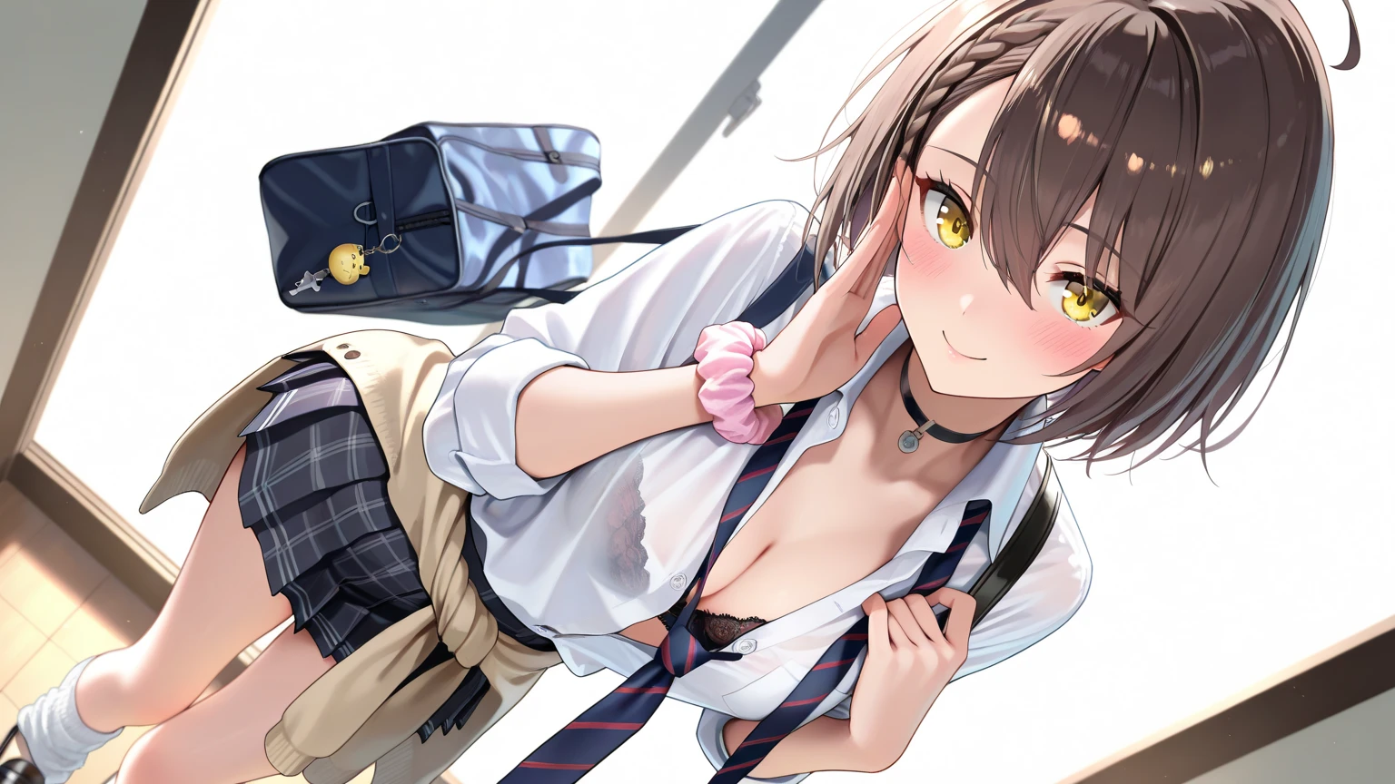 score_9, score_8_up, score_7_up, source_anime,
azurlanebaltimore, <lora:azur-lane-baltimore-ponyxl-lora-nochekaiser:1>,
baltimore, brown hair, yellow eyes, braid, ahoge, short hair, french braid, hair between eyes, bob cut,
beige cardigan, beige sweater, black choker, black necktie, black skirt, cardigan, cardigan around waist, choker, clothes around waist, collared shirt, loose necktie, necktie, official alternate costume, school bag, shirt, shirt tucked in, short sleeves, skirt, sweater, sweater around waist, tied sweater, white shirt,
indoors, classroom, bent over, smile,
looking at viewer, cowboy shot, dutch angle,