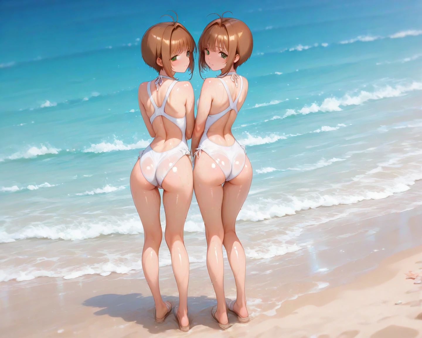 (((1 girl, uyltr resolution, ultra-sharp, 8k, work of art, age 25))), ((cabelo roxo, really short hair, dark green eyes)), (( big, strong arms ,muscular arms, muscular legs,strong legs, strong bodie, muscular female, clean skin)), wearing micro string  ,NSFW,smiling, posing back for the photo , rear view,  (((, showing the ass,ass , standing backwards))), ((beach background))