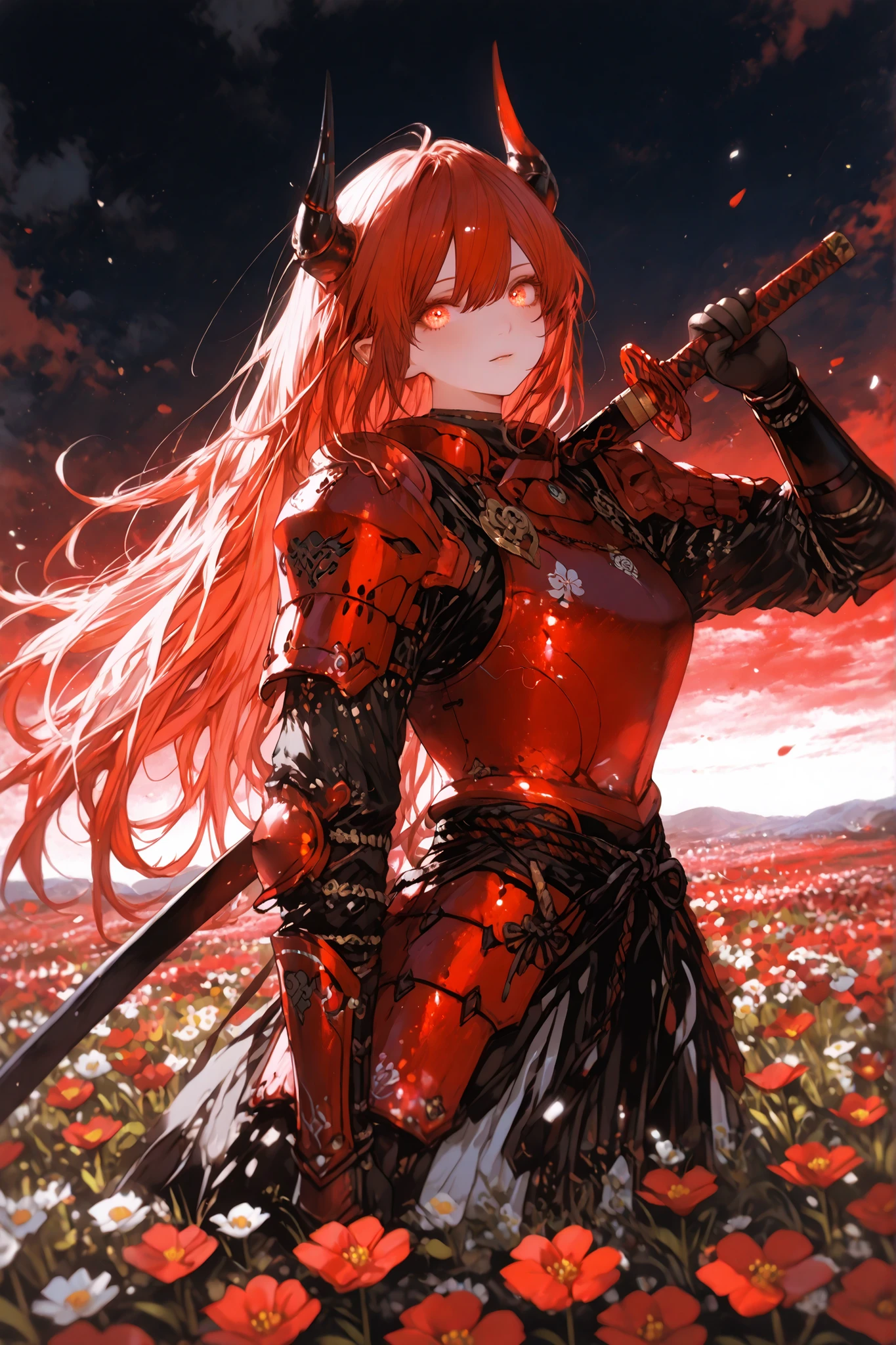 womanhood1人、Solo red equinoctial flower
flower field、
Red Flower、masterpiece,最High Quality,Super Detailed,high resolution,official Illustrationstration,Slender,High Quality、score_9、score_8_up、score_7_up、最High Quality、Dynamic Poses、   dynamic angle、super wide shot、full body、womanhood(android girl、Japanese Warrior Armor、Crimson Armor、Red Glowing Eyes、dignity、Lonely Expressions、( very long red hair ))、((Crimson Japanese Sword、Battle pose holding a Japanese sword))、hair above one eye)、Demon Horn、、((Vivid Red Oborozuki))、((red Higanbana flower field))、  swings in the wind、flat color、high saturation、monochrome、High Contrast、masterpiece、Super Detailed、complicated details、Maximum resolution、(Aesthetic：1.3)、(Ridiculous：1.3)、unreal engine 5、16 kg、32K、Air Generation、、、４ｕｒ４_Illustration、Gross、(((Black and white painting)))、(red background：1.3)、style RWB
