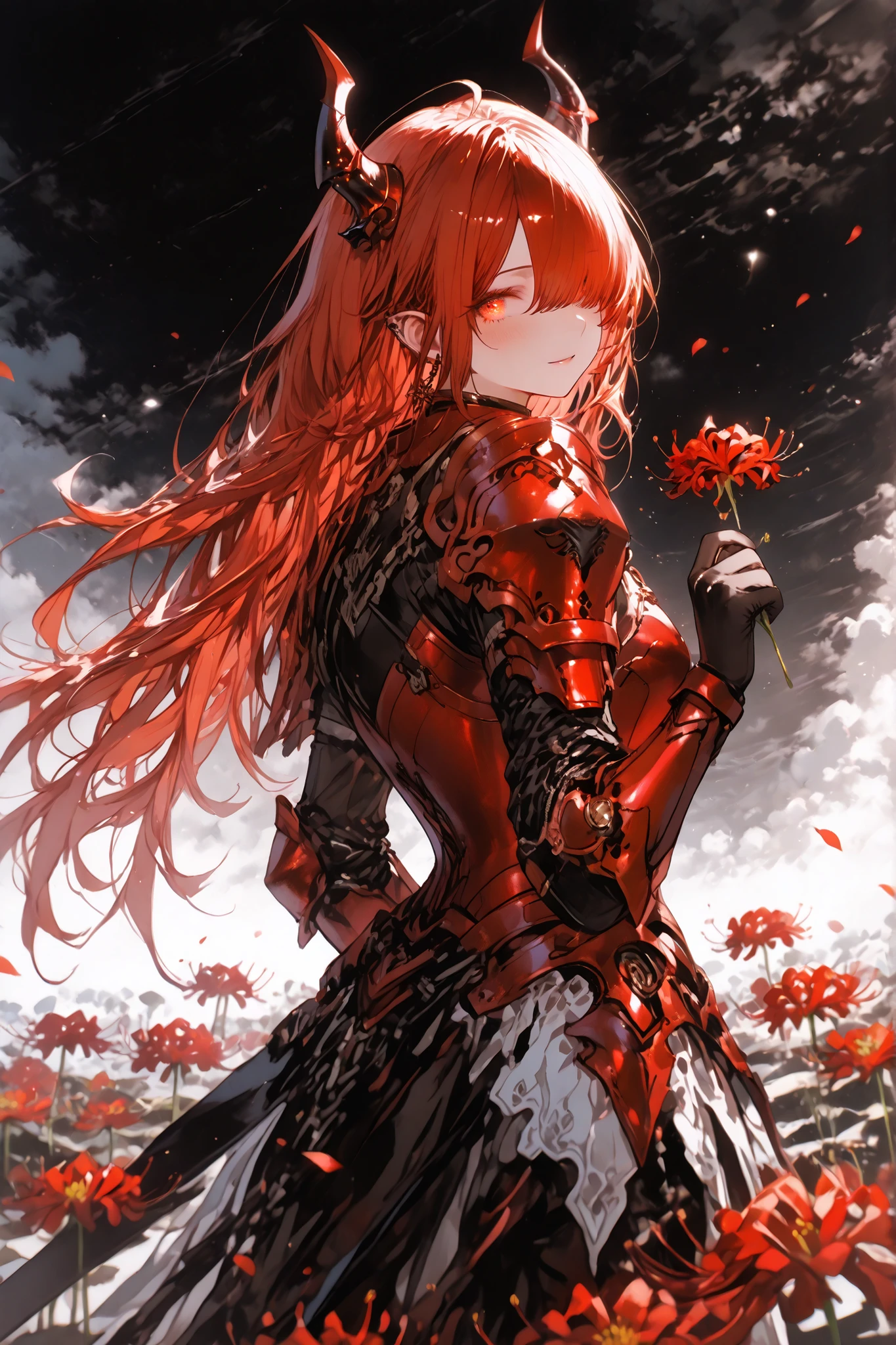 1 woman、solo、Holding flowers、red spider lily
花畑、
Red Flower、masterpiece,最High Quality,Super Detailed,high resolution,official illustration,Slender,High Quality、score_9、score_8_up、score_7_up、最High Quality、Dynamic Poses、 Dynamic Angles、super wide shot、full body、A woman(Android Girl、Crimson Armor、Red Glowing Eyes、dignity、Lonely Expressions、(Extremely Long Red Hair))、Hair Over One Eye)、Demon Horns、Looking Back)、((Bright Red Oborotsuki))、((red spider lilyの花畑))、 swings in the wind、flat color、high saturation、monochrome、High Contrast、masterpiece、Super Detailed、complicated details、maximum resolution、(Aesthetic:1.3)、(absurd:1.3)、Unreal Engine 5、16k、32k、AI-generated、、、4ur4_illu、Gloss、(((black and white drawing)))、(red background:1.3)、Style RWB