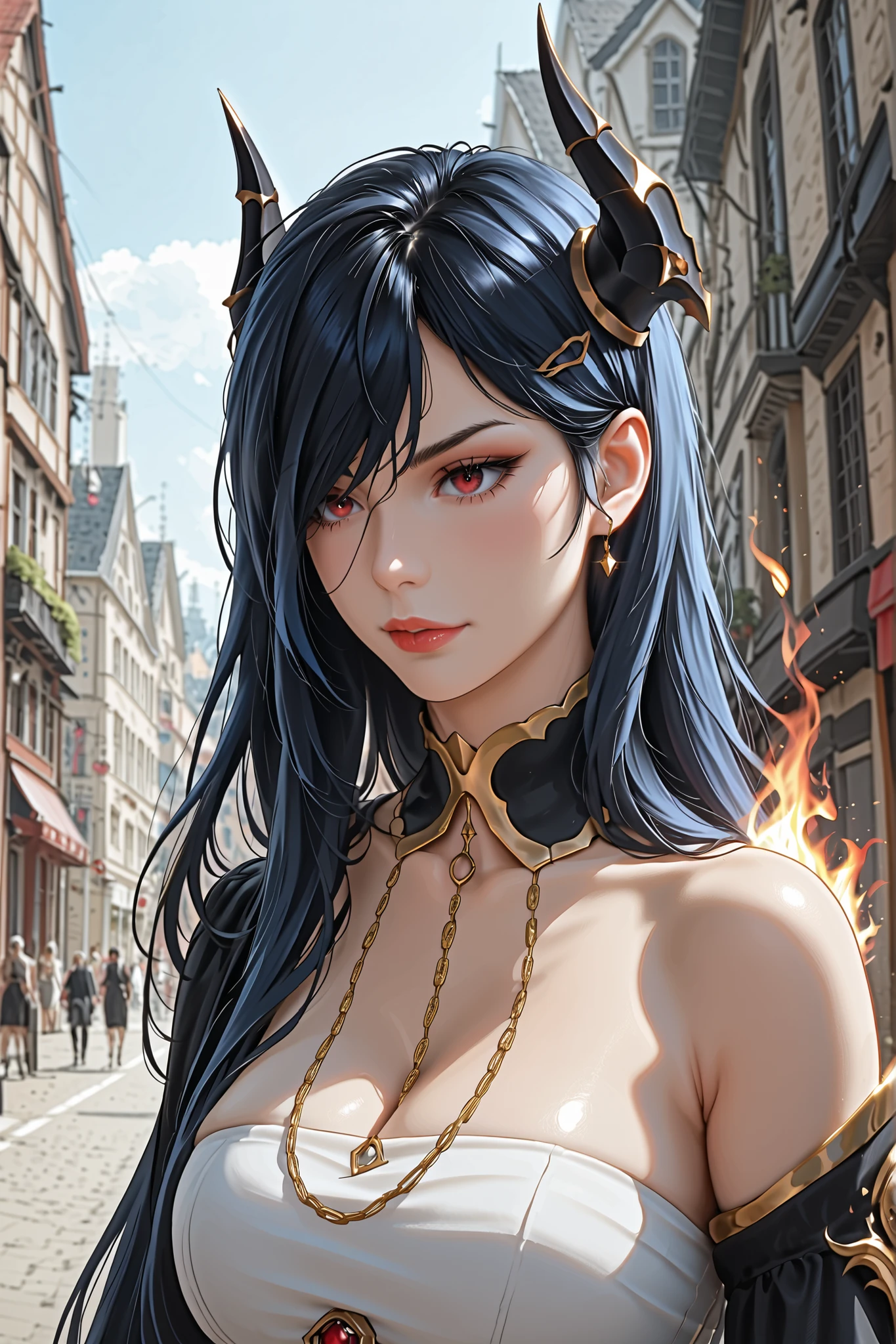 score_9, score_8_up, score_7_up, (masterpiece:1.2), [(female warrior with a ornate elegant sophisticated cover walking away), (pale skin, very long black hair flowing), ambos braços atrás da cabeça, Caera Denoir, 1girl, solo, blue hair, long hair, a pair of intricate demon horns each side of the head, red eyes, tight white blouse with golden buttons, high-waisted black fitted pants, black gloves, black high-heeled boots, gothic armored shoulder pad, red eyes, platinum bracers, slender figure, toned thighs,  face details, cinematic, dramatic, adventurous, intricate, detailed, ornate, elegant, sophisticated, female protagonist, red long sword at hand, black flame over the sword, strong female character, toned body, slim waist, black natural flames hair], (focus on the face:1.5), (close view), (medieval city, old buildings, empty streets), (best quality, highres icon, incredible quality, very aesthetic, absurd resolution,), ultra-detailed, realistic,  photorealistic, (photorealistic:1.4), HDR, Ultra HD,  studio lighting, ultra-fine painting, (sharp focus:1.3), physics-based rendering, description with extreme details, vivid colors, bokeh effect, Professional