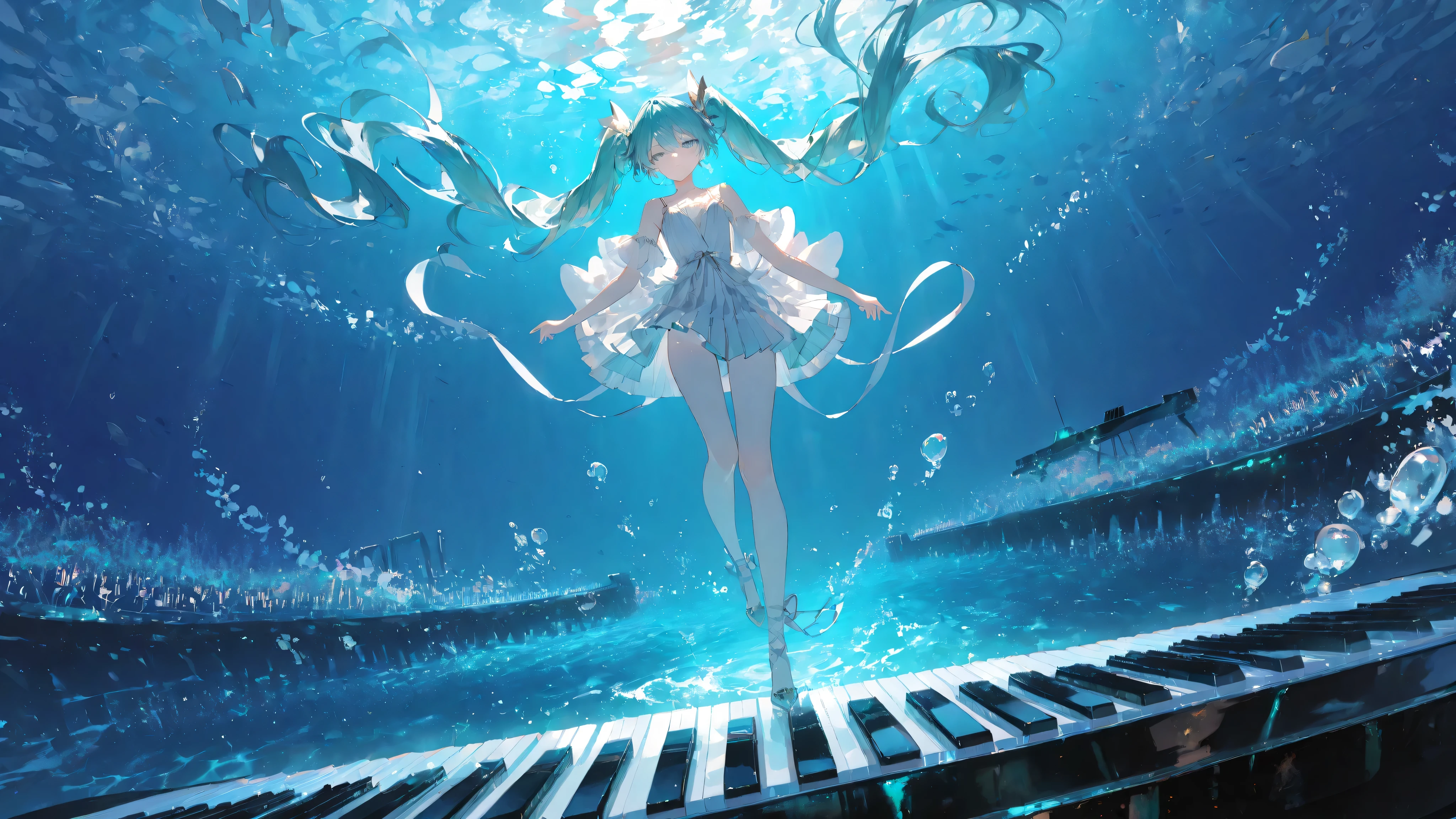 masterpiece, smooth shading, cinematic lighting, clear linework, sharp edges, detailed outlines, (high detail:1.1) ima_AI123Style /k.s†
Wide mid-shot, Hatsune Miku gracefully stepping on giant piano keys underwater in a dynamic side view with foreshortening, long twin-tails and ribbons flowing around her body, shimmering fish enclosed by the bubbles,glowing piano keys beneath her, distant water surface above casting radiant spotlight beams, dramatic and luminous atmosphere.