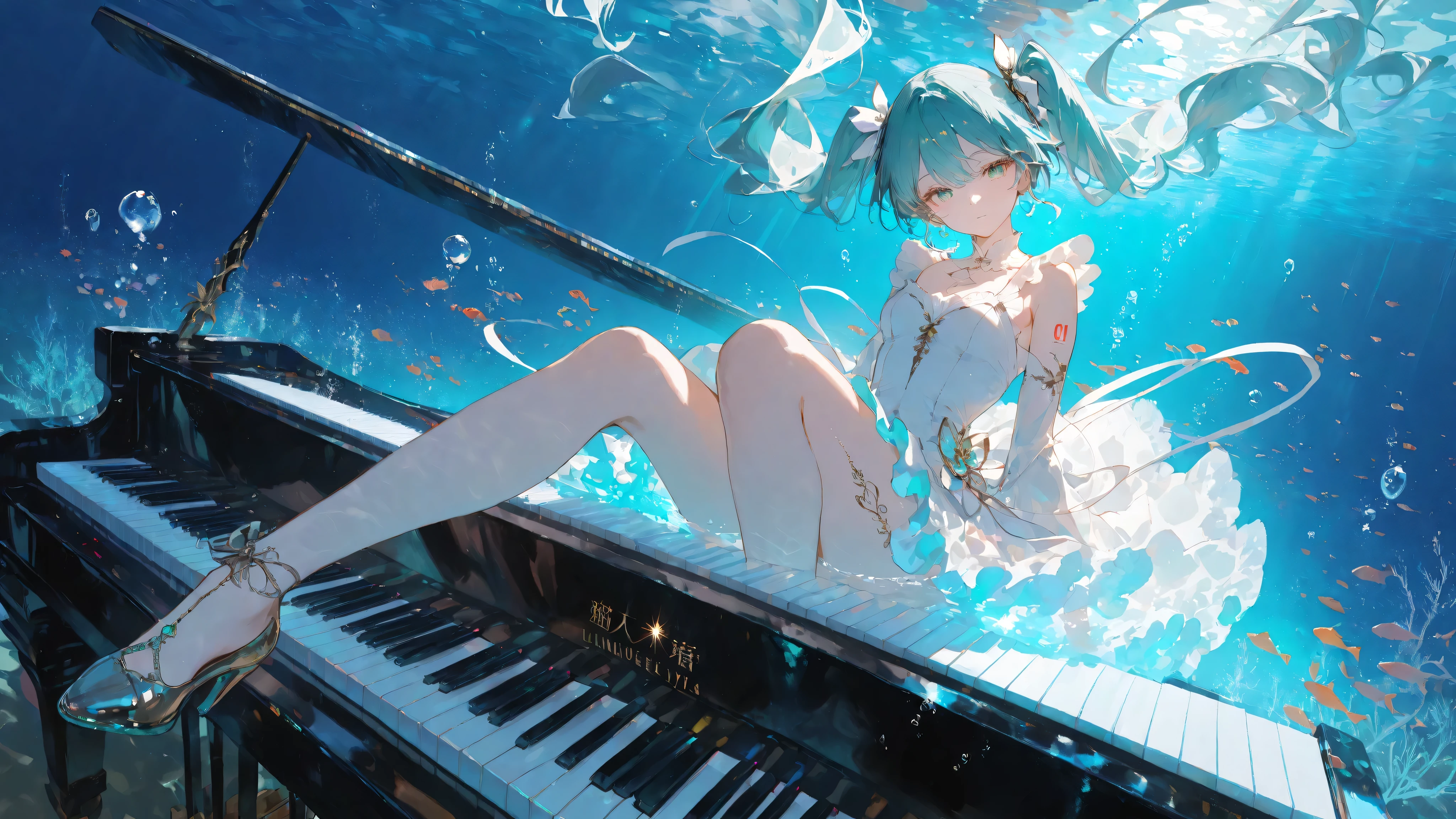 masterpiece, smooth shading, cinematic lighting, clear linework, sharp edges, detailed outlines, (high detail:1.1) ima_AI123Style /k.s†
Wide mid-shot, Hatsune Miku gracefully stepping on giant piano keys underwater in a dynamic side view with foreshortening, long twin-tails and ribbons flowing around her body, shimmering fish enclosed by the bubbles,glowing piano keys beneath her, distant water surface above casting radiant spotlight beams, dramatic and luminous atmosphere.