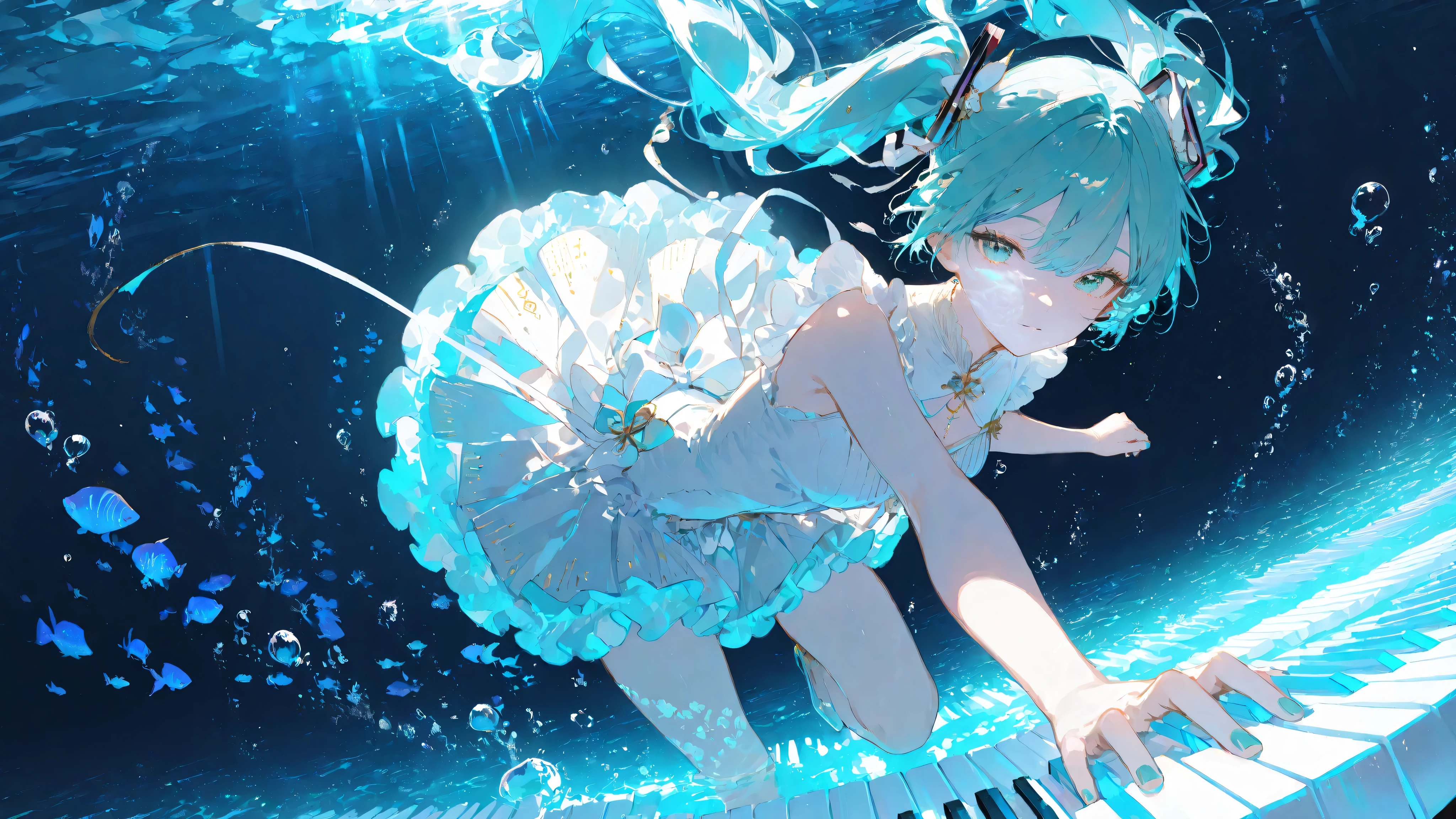 masterpiece, smooth shading, cinematic lighting, clear linework, sharp edges, detailed outlines, (high detail:1.1) ima_AI123Style /k.s†
Wide mid-shot, Hatsune Miku gracefully stepping on giant piano keys underwater in a dynamic side view with foreshortening, long twin-tails and ribbons flowing around her body, shimmering fish enclosed by the bubbles,glowing piano keys beneath her, distant water surface above casting radiant spotlight beams, dramatic and luminous atmosphere.