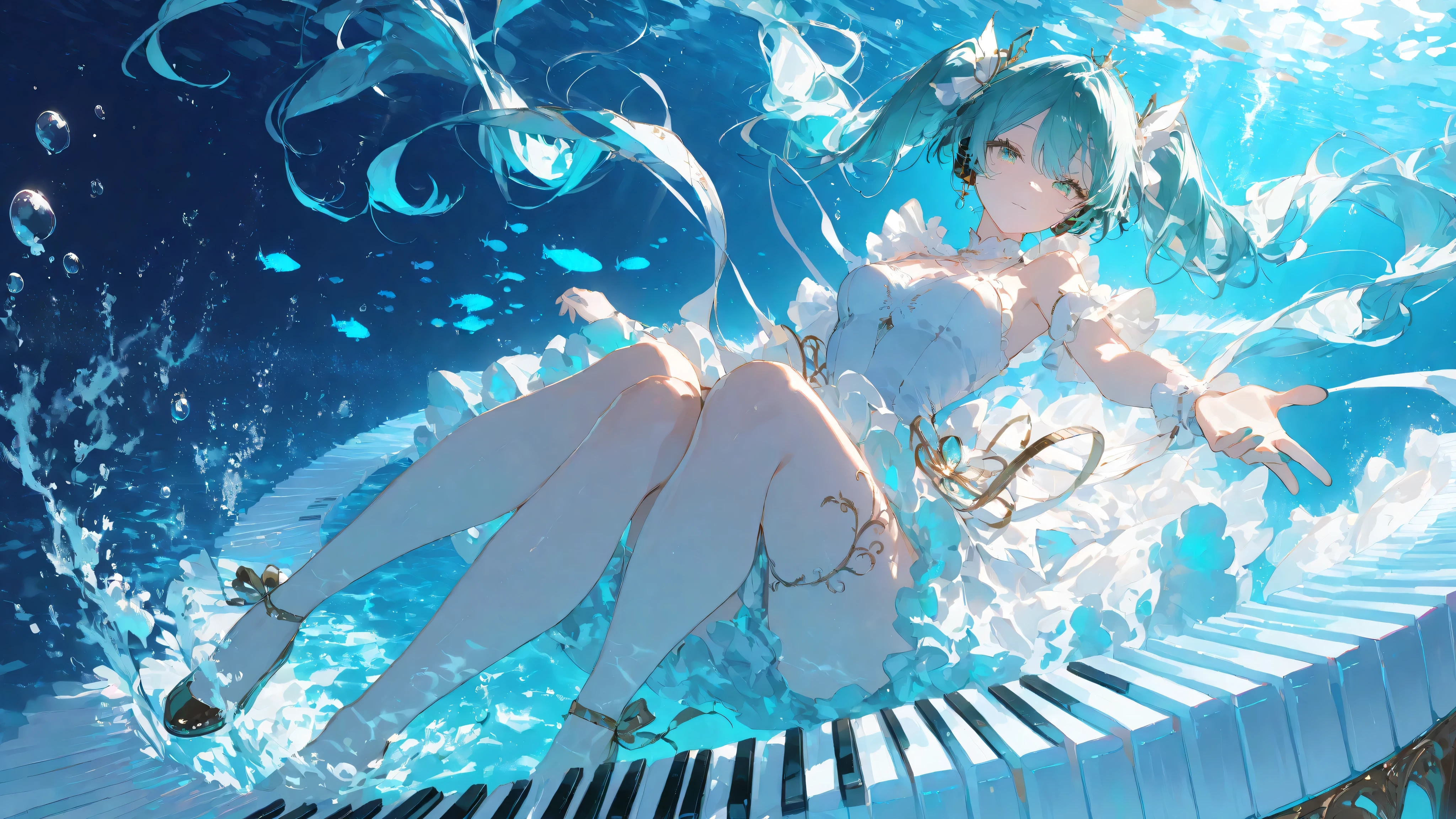 masterpiece, smooth shading, cinematic lighting, clear linework, sharp edges, detailed outlines, (high detail:1.1) ima_AI123Style /k.s†
Wide mid-shot, Hatsune Miku gracefully stepping on giant piano keys underwater in a dynamic side view with foreshortening, long twin-tails and ribbons flowing around her body, shimmering fish enclosed by the bubbles,glowing piano keys beneath her, distant water surface above casting radiant spotlight beams, dramatic and luminous atmosphere.