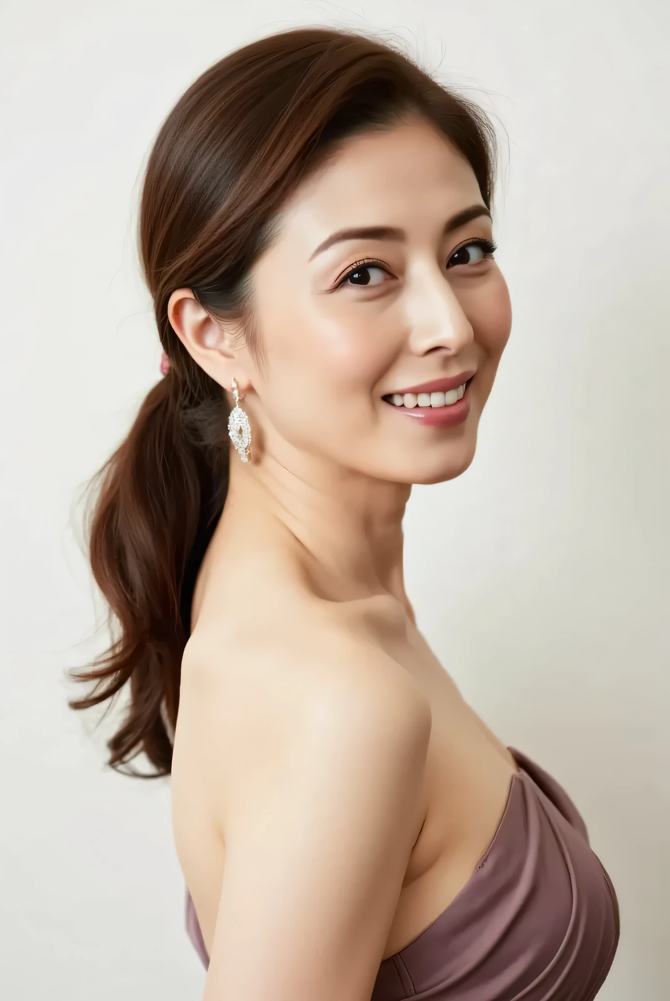 "RAW photo, Canon EOS R5, 50mm lens, f/2.2, ISO 100, shutter speed 1/160sec, high angle portrait, 48 year old Japanese mature woman, 8K detail, (Masterpiece: 1.3), (Photorealistic: 1.4), creamy white studio background, side lighting, loose chignon hairstyle, calm and confident smile, body facing right, looking over shoulder"