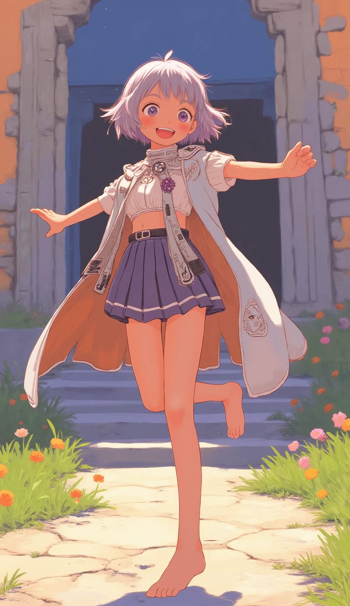 (Masterpiece, best quality, exquisite and mature anime illustration art), dynamic camera angle, vibrant and rich colors.
A petite young girl with short grey hair, fair skin, and bright eyes, captured in a moment of pure joy. She has a cheerful, innocent smile, her expression radiant.
She is barefoot, caught mid-leap in a lighthearted, dynamic pose in front of a majestic, ancient fantasy temple.
Wearing an elaborate two-piece fantasy-realism outfit: a long coat with a stand-up collar and short sleeves, its hem fluttering gracefully, over a fitted short shirt and a matching skirt.
The scene embodies an incredible fantasy-realism anime character, full of innocent charm.
Perfect human anatomy, flawless hands, anatomically correct, five fingers.