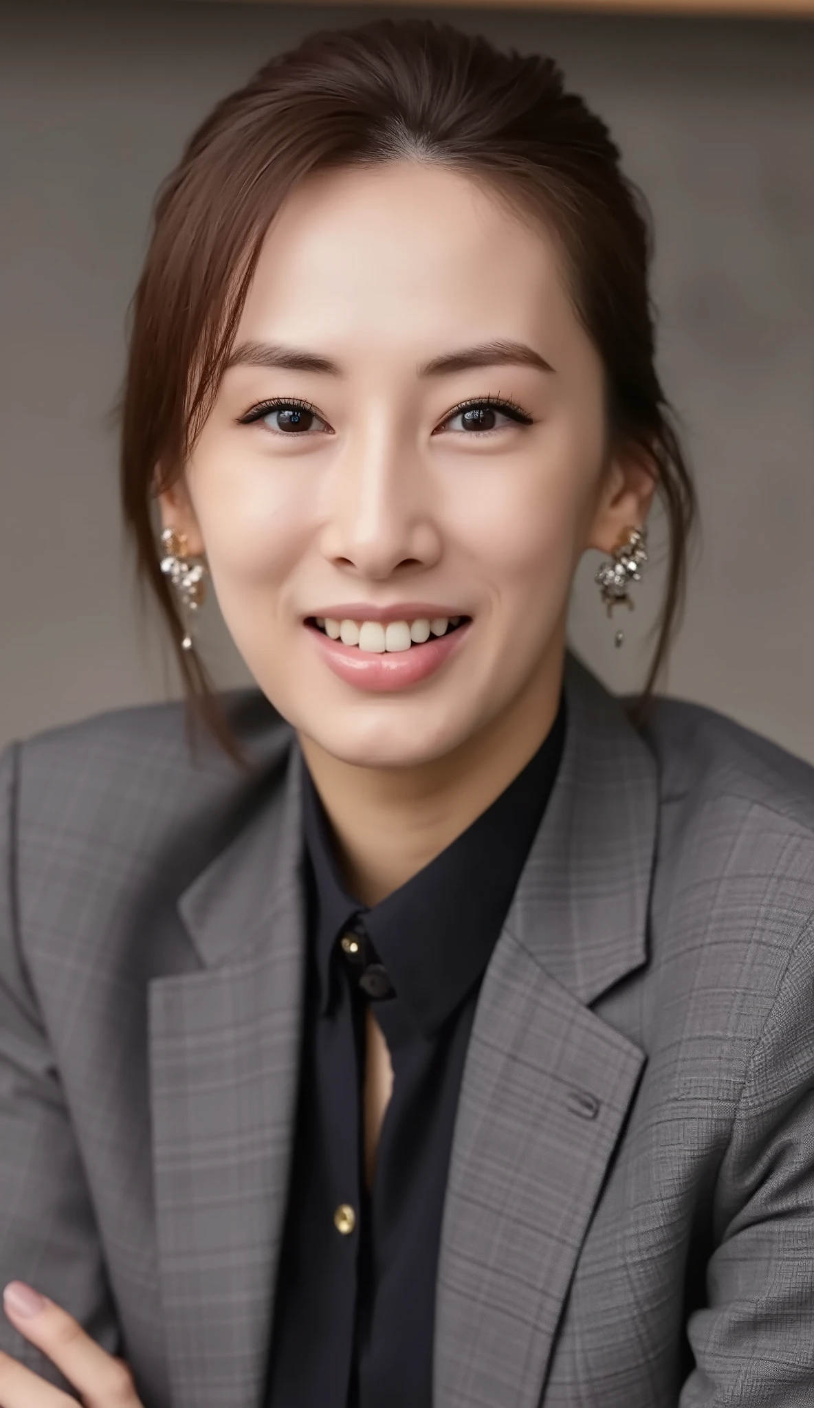 Neat Young Woman、looking at the camera、office lady suit、jacket、shirt、Ear piercings、、 、、smile showing teeth、big smile、face close-up、The background is office
