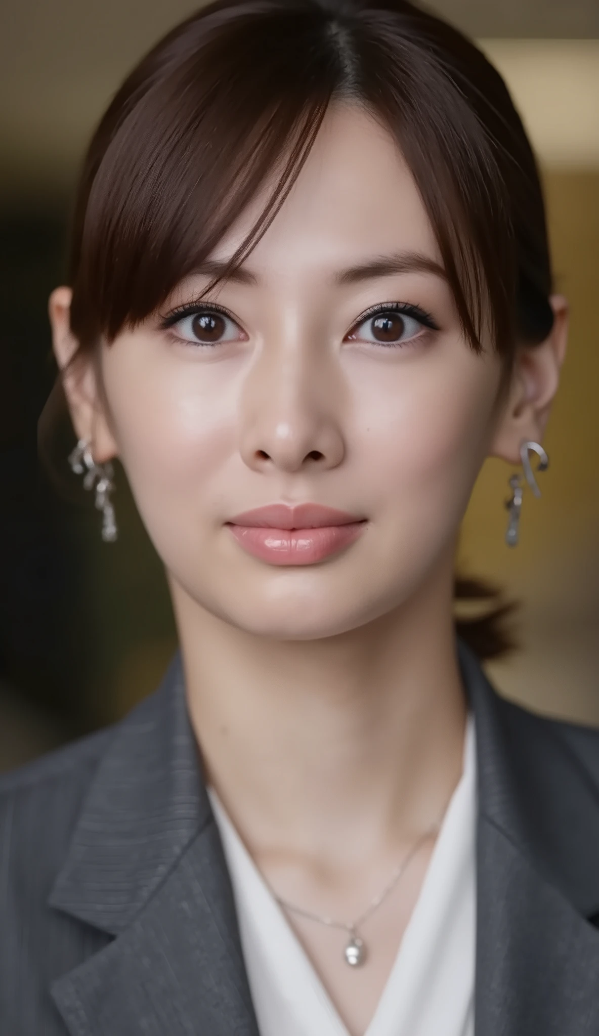Neat Young Woman、looking at the camera、office lady suit、jacket、shirt、Ear piercings、ストレートヘア、前髪あり 、、無表情、、face close-up、The background is office