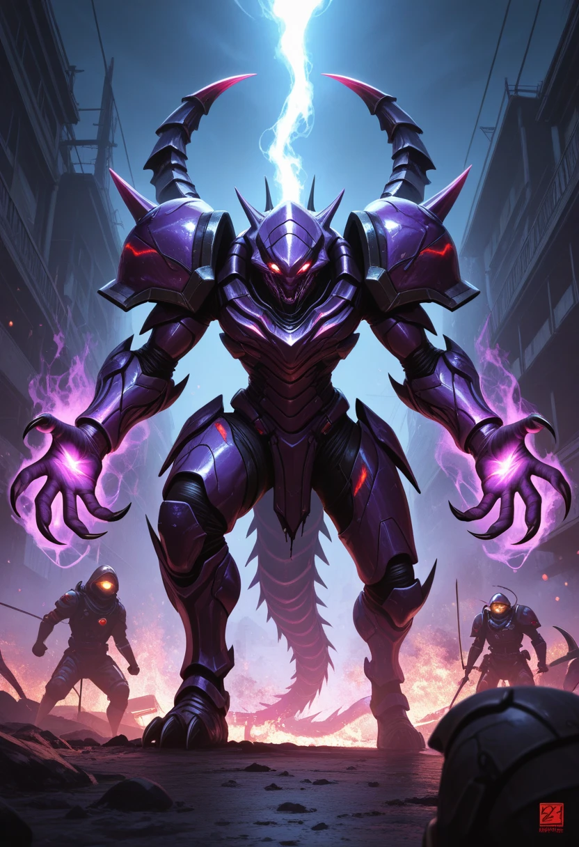 Robot demon with lightning bolts in red eyes --auto --s2