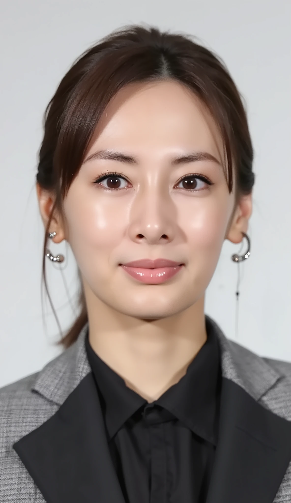 Neat Young Woman、looking at the camera、office lady suit、jacket、shirt、Ear piercings、、前髪あり 、髪型セミロング、無表情、、face close-up、The background is office
