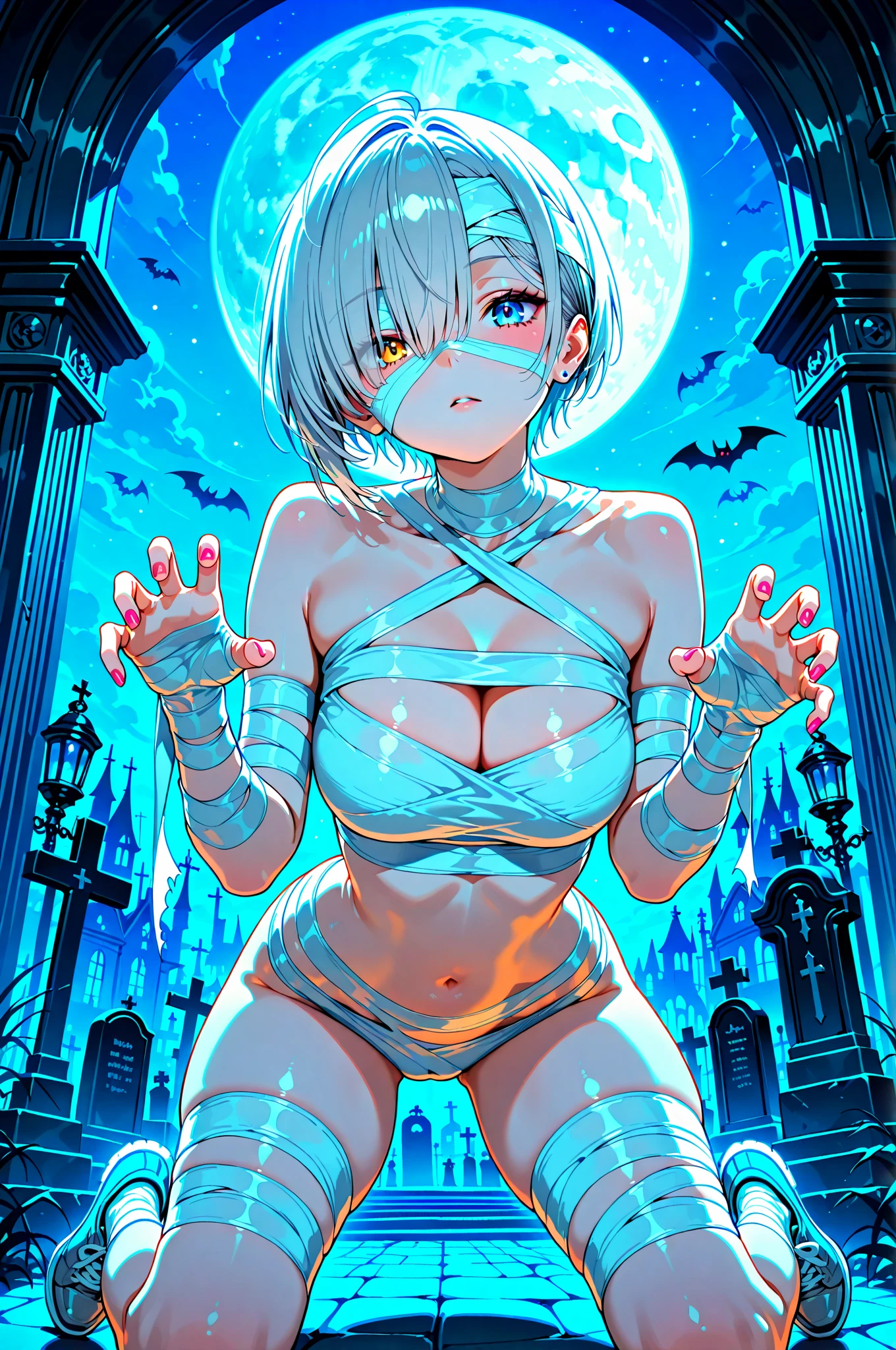 HDR, 8K, high contrast, masterpiece, best quality, amazing quality, very aesthetic, superabsurd res, high resolution, ultra-detailed, absurdres, newest, scenery, (horikoshi kouhei:0.3), (quasarcake:0.3), (wlop:0.3), lightrays, chiaroscuro, dynamic angle, foreshortening, dramatic, close up, solo, 1girl, pale skin, grey skin, medium hair, messy hair, white hair, ahoge, (mummy girl, head covered with bandages, face covered in bandages), hanging cloth, hanging bandage, bursting breast, curvy, (plump:1.1), skindentation, huge breasts, hanging breasts, nipple peak, nip slip, one breast out, leaning forward, zombie pose, outstretched arms, arms reaching out, perfect hands, black fingernails, closed mouth, crazy eyes, @_@, ringed eyes, dungeon, torch, fog, glowing, epic, backlighting, partially illuminated, Intricately designed, Mysterious Shadows, BREAK, photorealistic, beautiful detailed eyes, detailed skin, detailed hair, volumetric lighting, dappled light, light particles, dramatic shadows, cinematic lighting, photo background, depth of field, <lora:ponyxl\cfg_scale_boost:0.7>