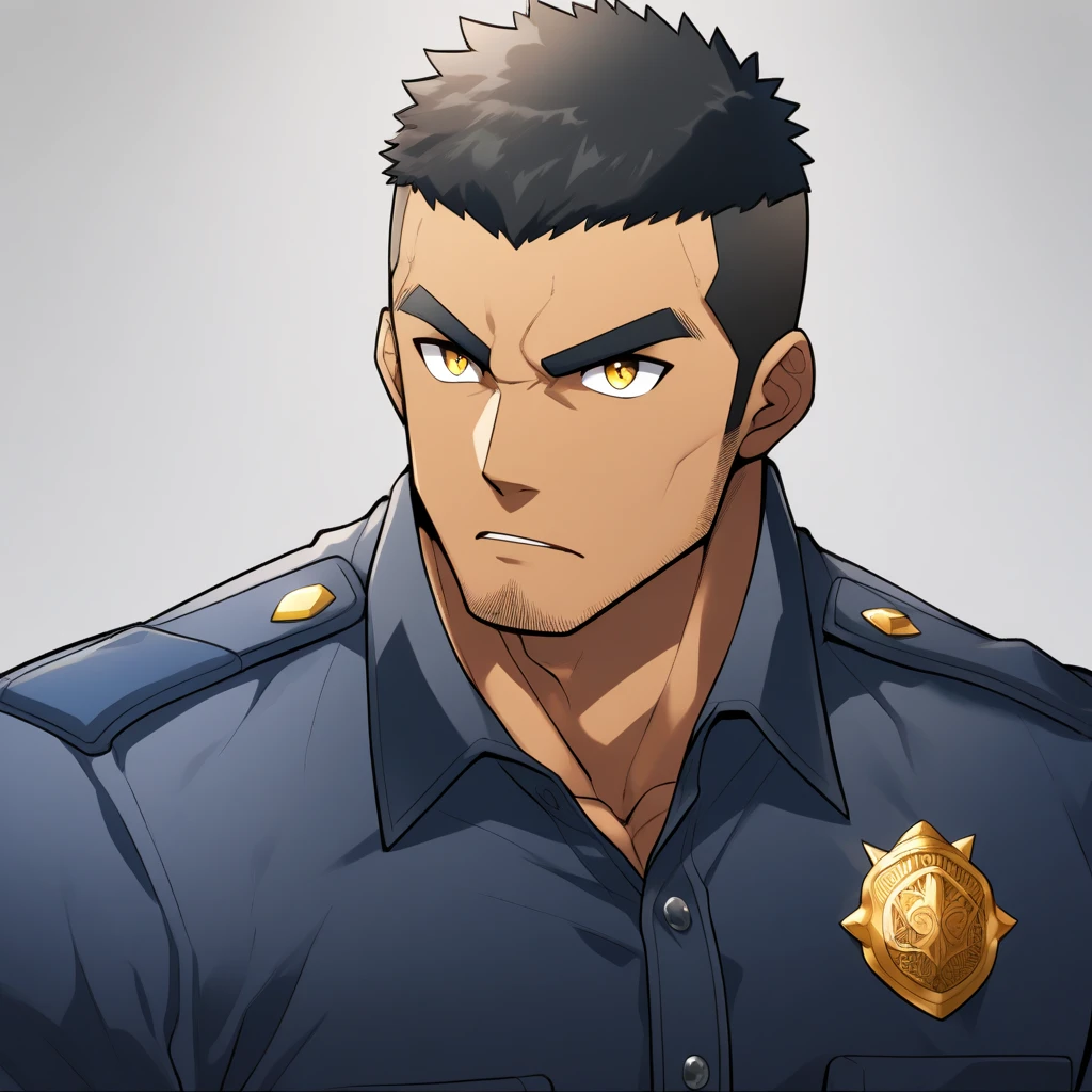 anime characters：Gyee, Muscular male police officer,  black skin, Dark-skinned male police officer, Manliness, male focus, Tight-fitting police uniform, Wear a tight black T-shirt, Very tight, Round, full and perky chest muscles, Slightly , muscular male, muscular, only, Upper body, alone, Black short hair, Thick eyebrows, stubble, Yellow eyes, Grey background, simple background, amazing quality, best aesthetics, Ridiculous, bright pupils, crew cut, parted lips,  smile, torogao, naughty face, best quality