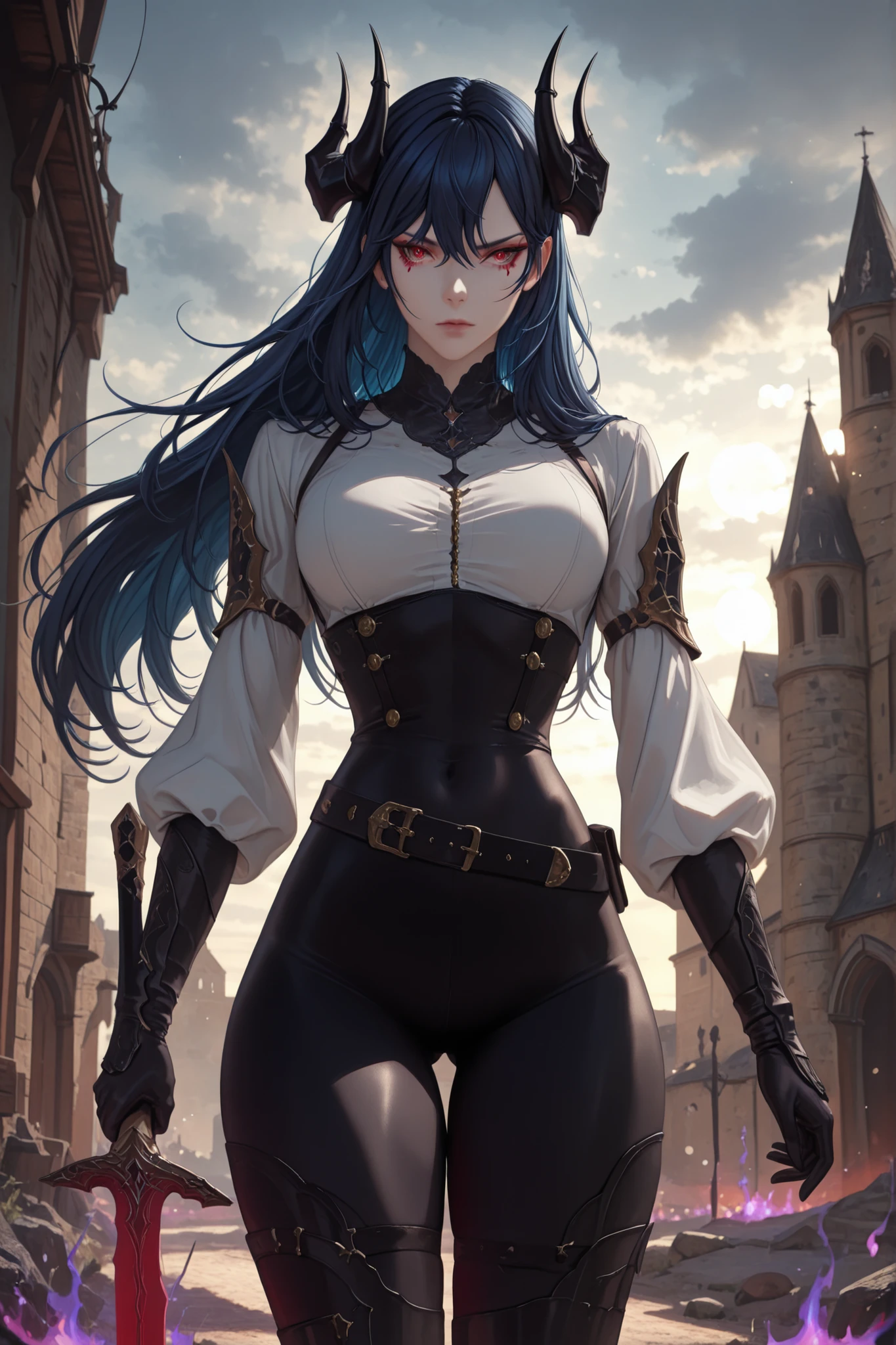 score_9, score_8_up, score_7_up, (masterpiece:1.2), [(female warrior with a ornate elegant sophisticated cover walking away), (very long black hair flowing), red eyes, perfect eyes, detailed eyes, (close view), Caera Denoir, 1girl, solo, blue hair, long hair, a pair of intricate demon horns each side of the head, red eyes, tight white blouse with golden buttons, high-waisted black fitted pants, black gloves, black high-heeled boots, gothic armored shoulder pad,  platinum bracers, slender figure, toned thighs, face details, cinematic, dramatic, adventurous, intricate, detailed, ornate, elegant, sophisticated, female protagonist, red long sword at hand, strong female character, toned body, slim waist, purple flames over hands, purple flames around the arms ],  (medieval city, old buildings)  very aesthetic,  realistic,  photorealistic,  studio lighting, ultra-fine painting, (sharp focus:1.3), vivid colors, bokeh effect, 
