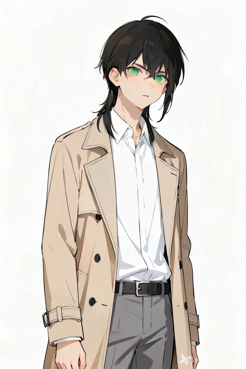 A man about 20 years old with black hair, A young man with his bangs down, white plain collared shirt, beige coats, belt, gray pants, standing picture in meadow, dissatisfied expression,  with pale green eyes , Pale green eyes, without background