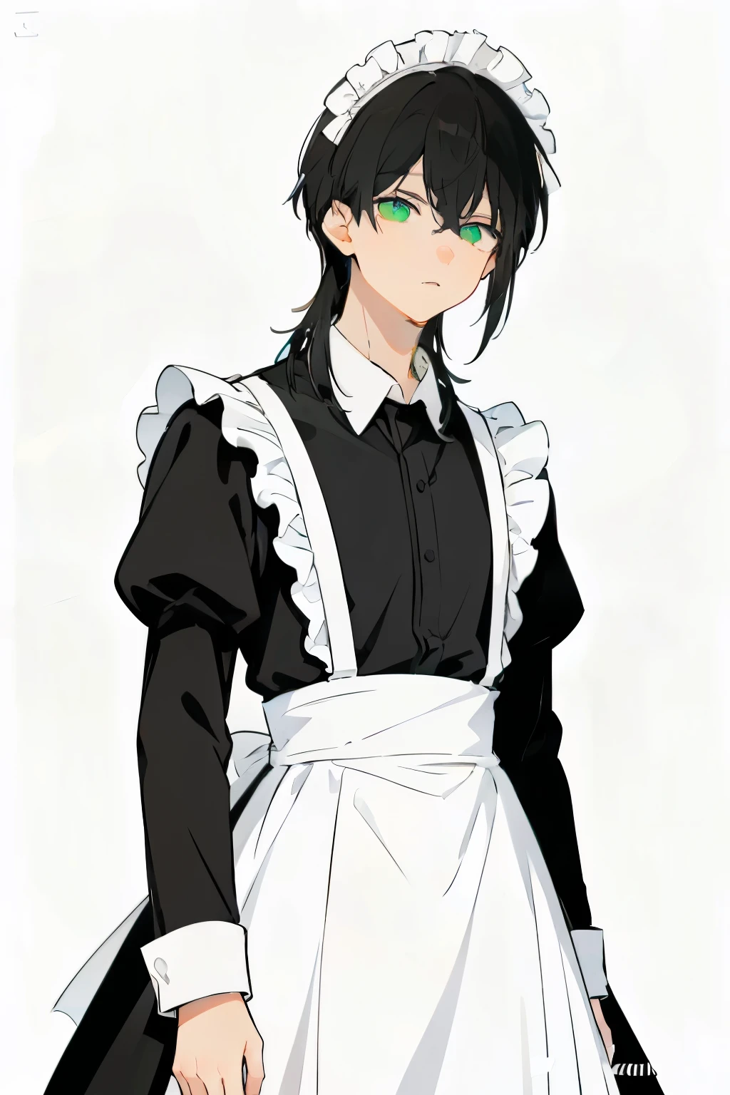 thin line illustration, anime style, A man about 20 years old with dark hair, The young man with lowered bangs, is wearing maid clothes, pictures standing in the prairie, dissatisfied expression ,  Pale green eyes ,  light green eyes , without background