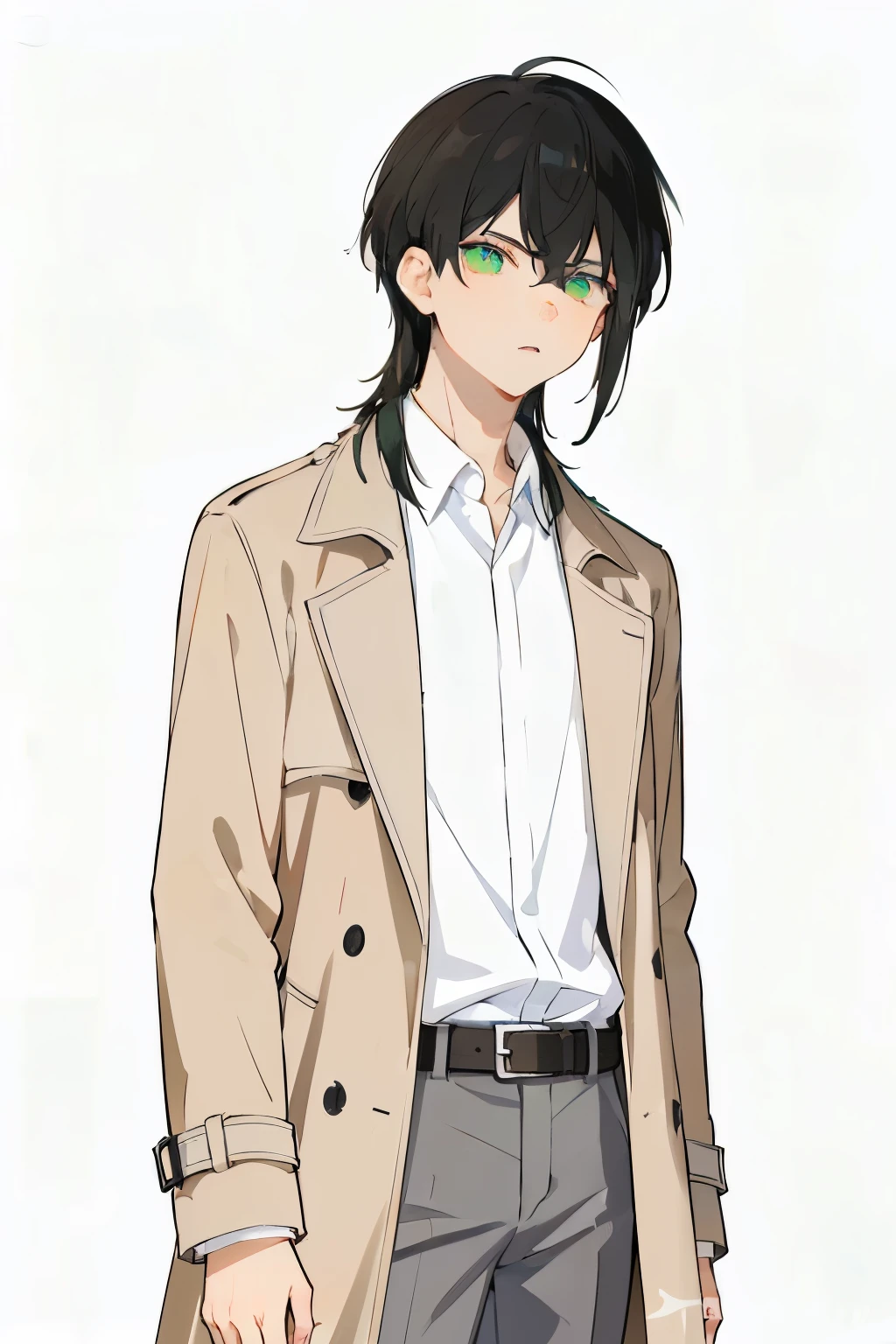 A man about 20 years old with black hair, A young man with his bangs down, white plain collared shirt, beige coats, belt, gray pants, standing picture in meadow, dissatisfied expression, with pale green eyes , Pale green eyes, without background