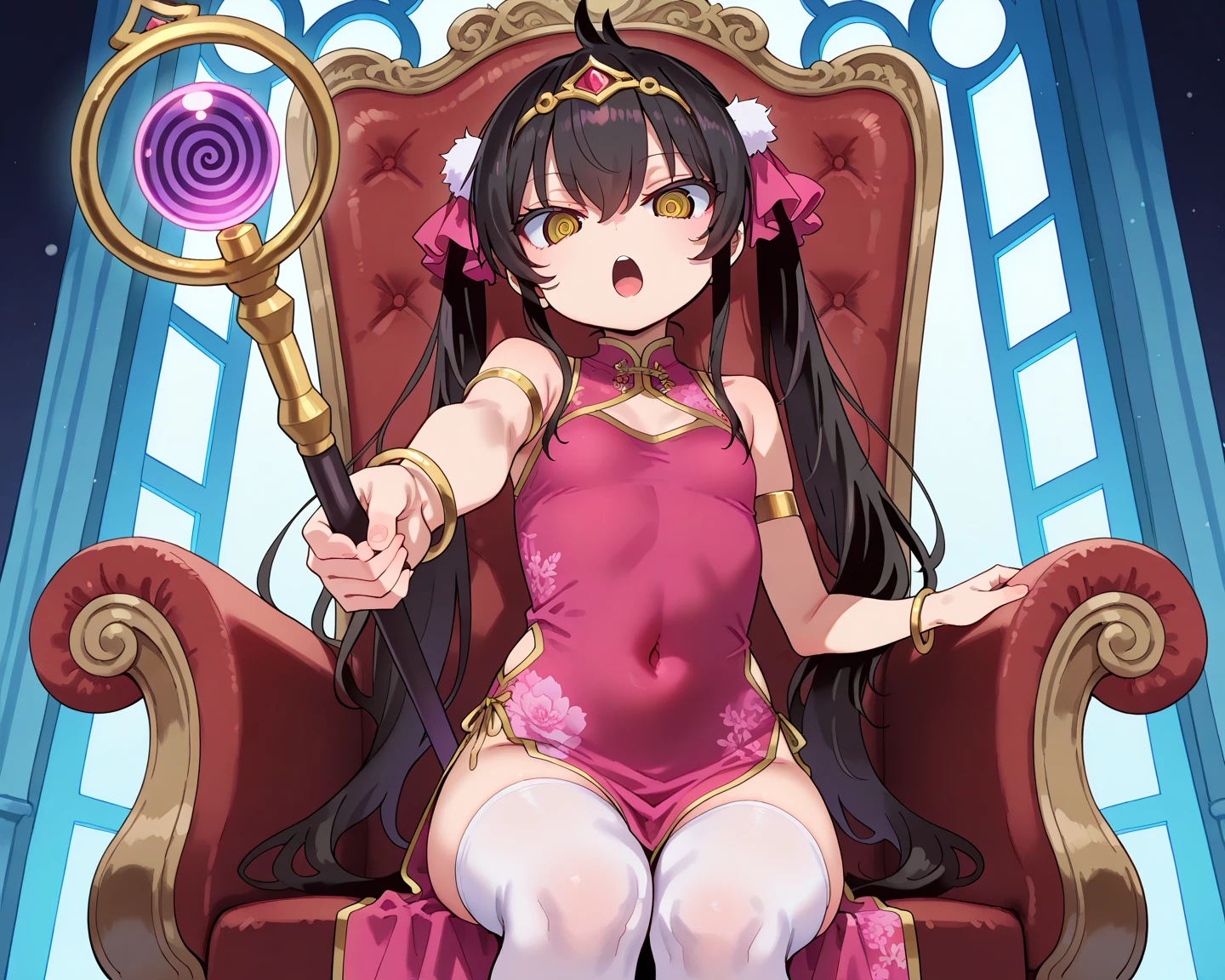 masterpiece, best quality, expressive eyes, perfect face, a toddler get transformed into a cuntboy, solo, surpriced expression, blushed, black hair, long hair, red baseball cap, brown eyes, full body,  foot, , in a magic school, , glitter, magic duel