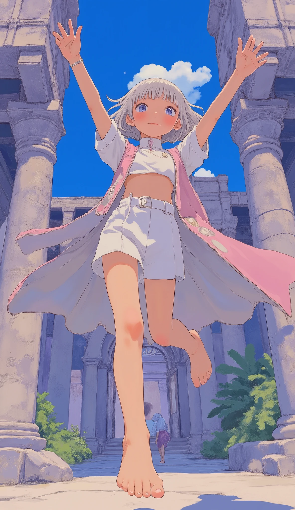 masterpiece, best quality, exquisite and mature anime illustration art, fantasy realism style, vibrant and bright color palette, dramatic camera angle. A petite young girl with short, flowing silver-gray hair, fair skin, and luminous, bright eyes. She has a cheerful, innocent smile and a joyful expression. She is barefoot, caught in a dynamic, light-hearted leaping pose in front of a majestic and ancient fantasy temple. Her outfit is a two-piece fantasy-style ensemble: an elegant long coat with a stand-up collar and short sleeves, its hem fluttering dynamically, worn over a fitted short shirt and a matching short skirt. The entire scene is filled with a sense of pure, naive joy. Flawless anatomy, perfect hands, five fingers.
