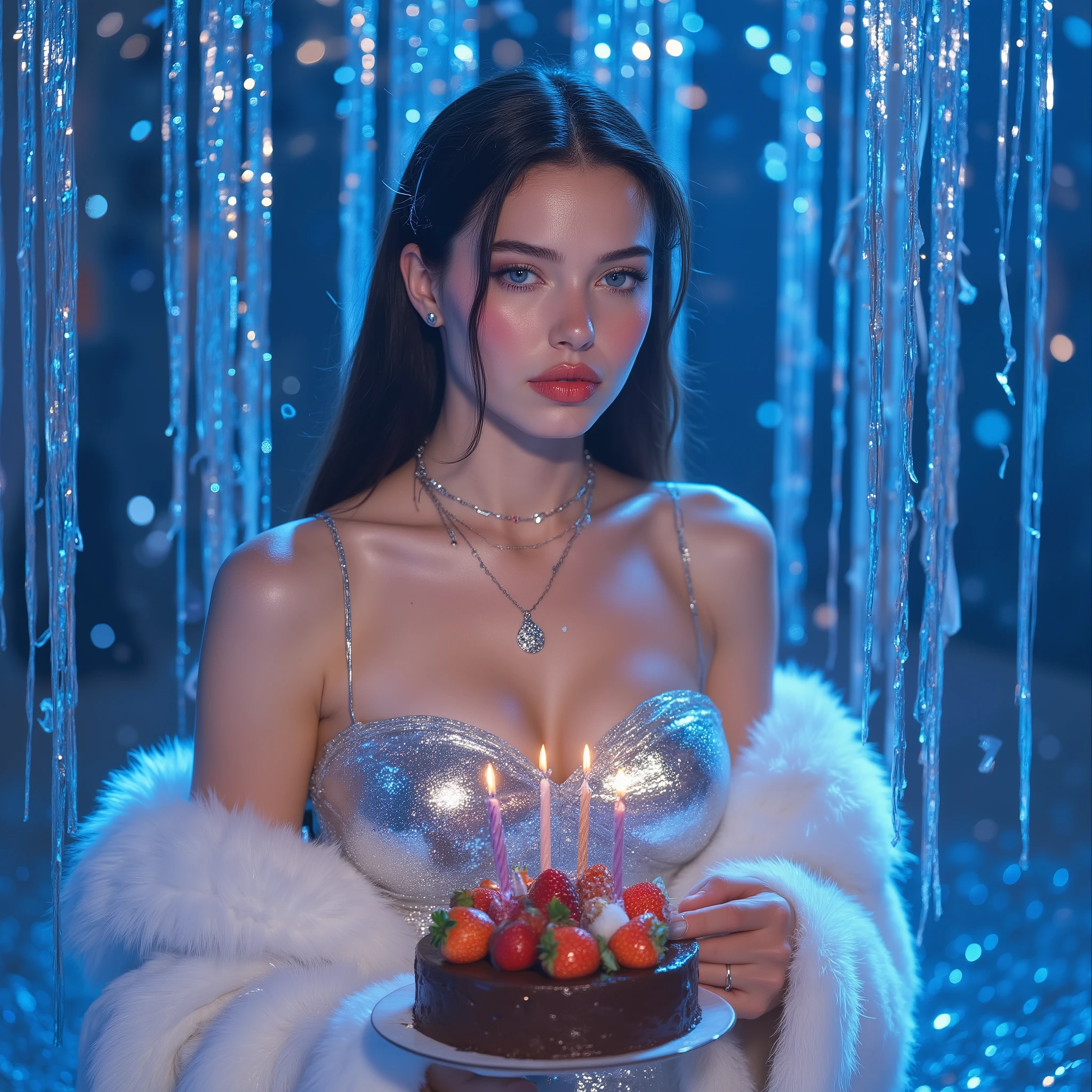 (hyperrealistic:1.5), (cinematic studio portrait:1.4), (award-winning celebrity birthday photography:1.3), (stunning woman of unreal beauty:1.9), (ethereal goddess:1.8), (pure beauty:1.7), (hypnotic aura:1.6), (shimmering:1.5), (angelic features:1.8), (young Megan Fox vibes:1.7), (european features:1.3), (porcelain white skin:1.2), (deep blue eyes:1.6), (rosy lips:1.1), (long straight black silky hair:1.8), (glowing face:1.7), (wearing a liquid silver-blue flowing strapless dress:1.9), (luxurious white fur coat draped over shoulders:1.8), (elegant thin chain with a silver pendant:1.6), (holding a slice of chocolate birthday cake with strawberries and lit birthday candles:1.9), (serene and joyful expression:1.4), (predominant blue and silver tones in background:1.8), (sparkling blue and silver streamers and confetti falling:1.9), (blinding studio camera flashes:1.5), (bokeh background:1.3), (glitter and magical dust everywhere:1.8), dramatic lighting, soft focus background, ultra-detailed, intricate dress texture, high level of detail, best quality, masterwork, cinematic, small tits