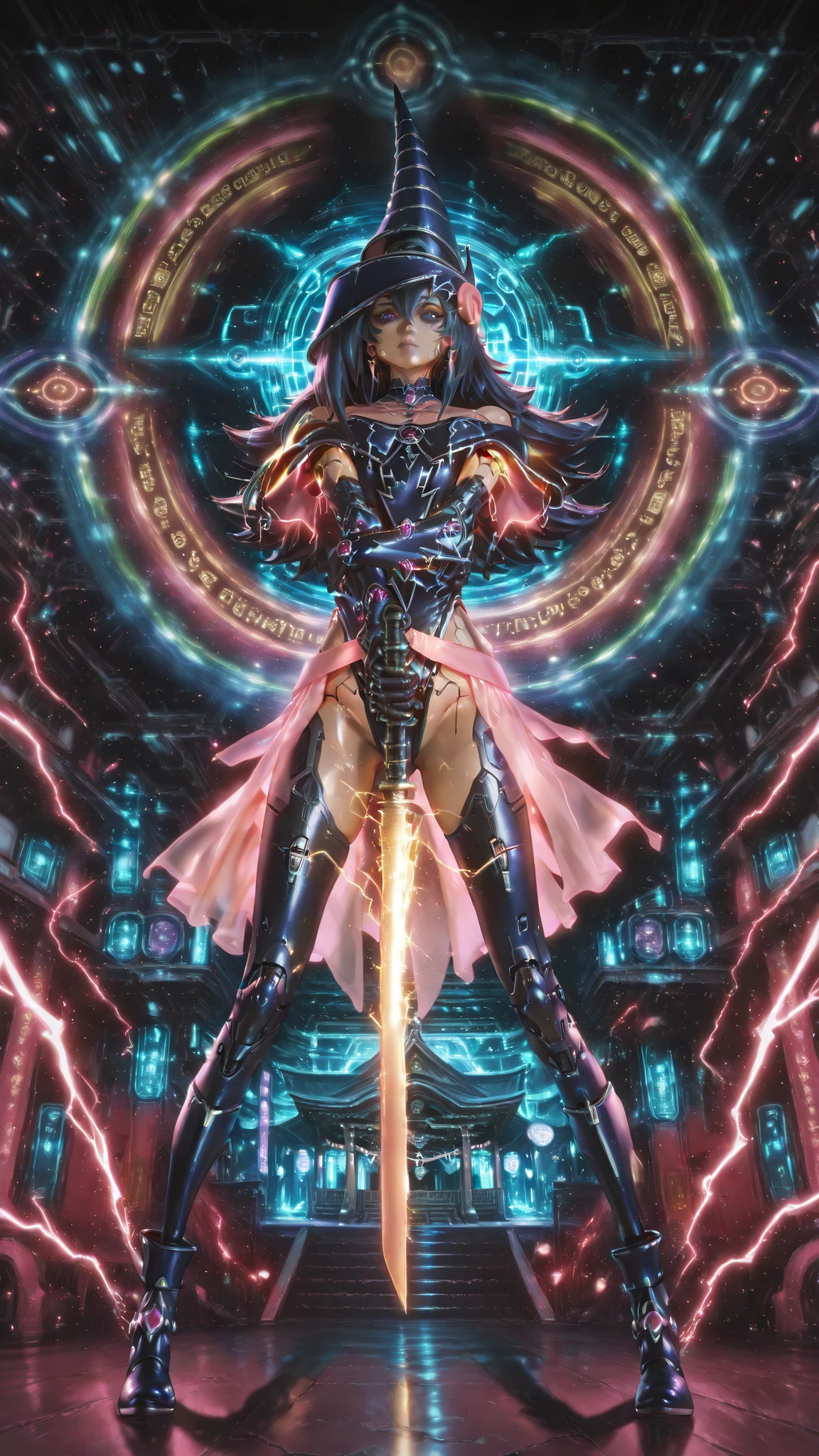 Darck magician girls, colorful,electricity,auralora,sparks,cyberpunk style, mad-neonbody, 748cmstyle, anime girl, Anime girl, Full body, perfect hands according to , 5 fingers, perfect legs according to , 2 legs, realistic shadow quality, realistic reflection quality, Realistic light quality, masterpiece, High Quality, High Quality, very aesthetic, Newest, Detailed Scenery, Low angle shot looking at a android girl with twin-tailed black hair, wearing a Miko (Shrine Maiden) costume, her arms and legs have sci-fi cyberpunk style, holding a glowing pink sci-fi cyberpunk katana sword, in a fighting stance, the background is a sci-fi cyberpunk Japanese shrine In the future world,