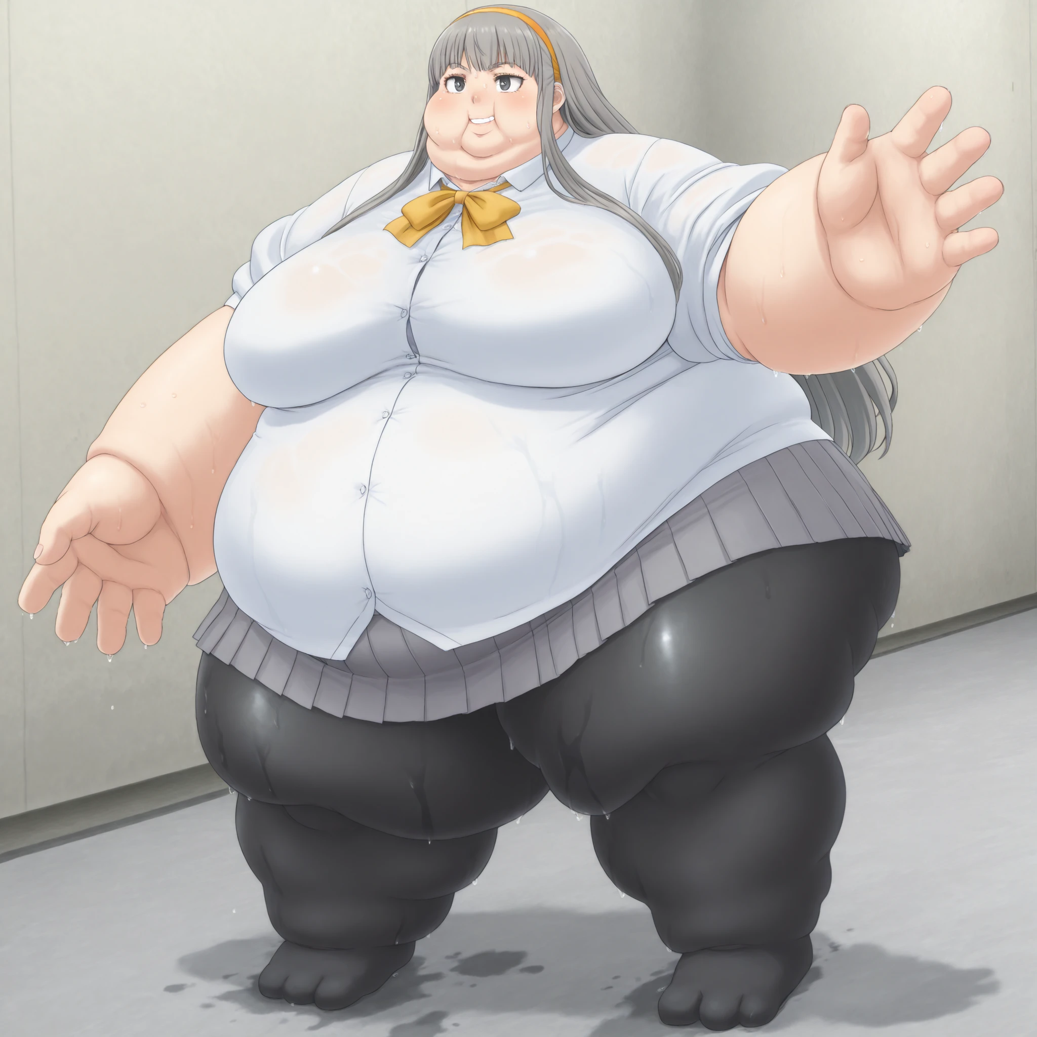 misonoinori,1girl,solo,pantyhose,long hair,hairband,skirt,school grey hair,black pantyhose,pleated skirt,smile,black eyes, blank_stare, empty_stare,  fat, chubby, obese, gigantic arms and legs, large breasts, sweating, wet body, swollen face, Fat_neck , Fat head , eyes with crushed cheeks , nose with crushed cheeks , mouth with crushed cheeks , chin roll,
only head, large head, oversized limbs, large hands, large feet, oversized feet, oversized fingers, big lips, plump lips, fat face, fupa, big fupa, fat fupa, 