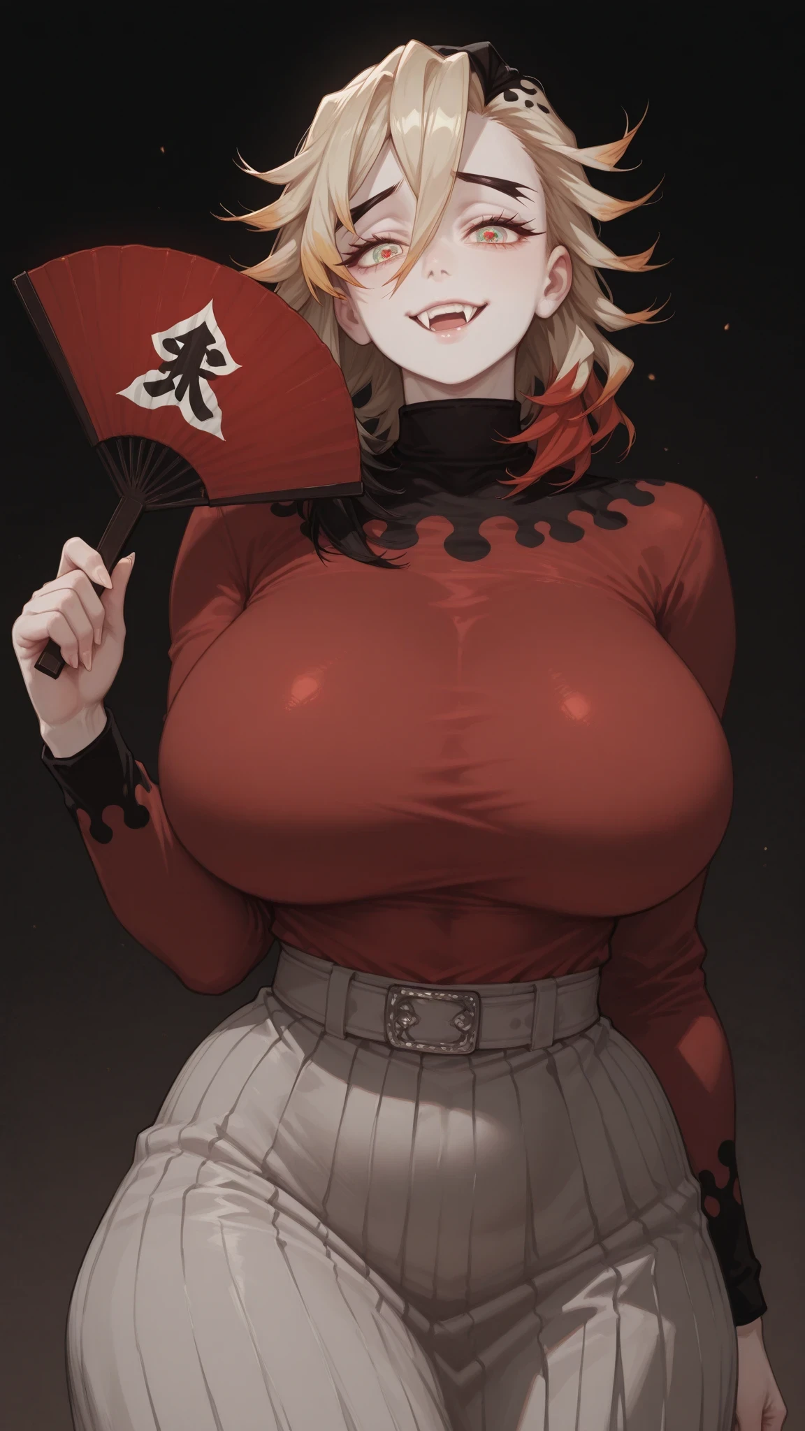 1girl, solo, beautiful girl, UHD, masterpiece, (anatomically correct), super detail, high details, high quality, best quality, HD, 8k
Douma_\(Demon Slayer\), gender change, androgynous face, dashing eyebrows, handsome girl, big beautiful eyes, long eyelashes, Multicolored hair, black hair, blond hair, bangs pulled aside, medium hair, tow-toned shirt(red and black), Turtleneck shirt, Tight top, muscular female, light grey skirt, long skirt, milf, mature female, graceful, evil, big breasts, huge hips, curvy, cowboy shot, look at viewer, girn, fangs, pale skin, hand fan, Multicolored eyes, asymmetrical hair