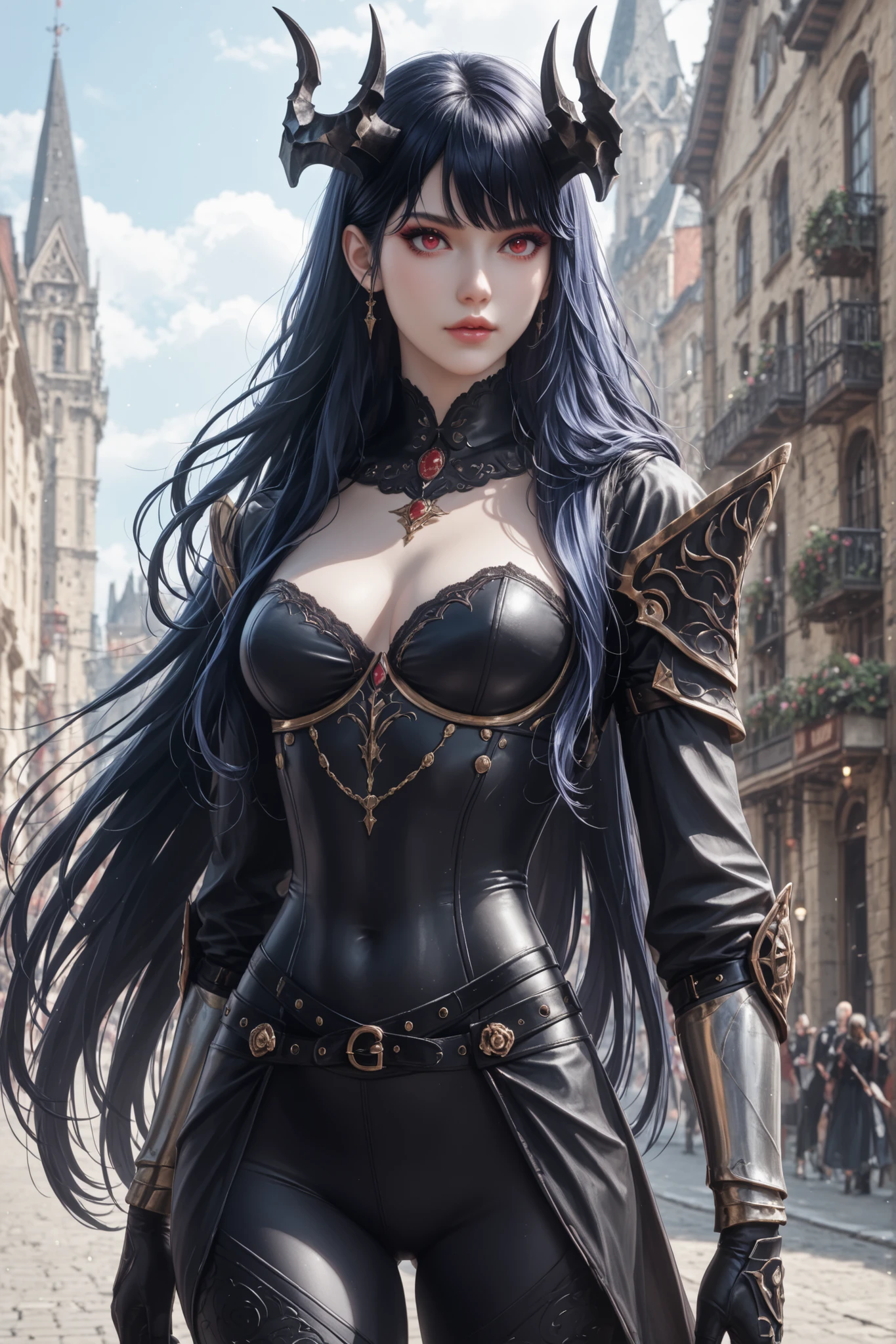 score_9, score_8_up, score_7_up, (masterpiece:1.2), [(female warrior with a ornate elegant sophisticated cover walking away), (pale skin, very long black hair flowing), Caera Denoir, 1girl, solo, blue hair, long hair, flat bangs, a pair of intricate demon horns each side of the head, red eyes, tight white blouse with golden buttons, high-waisted black fitted pants, black gloves, black high-heeled boots, gothic armored shoulder pad, red eyes, platinum bracers, slender figure, toned thighs,  face details, cinematic, dramatic, adventurous, intricate, detailed, ornate, elegant, sophisticated, female protagonist, attacking with red long sword figthing pose, strong female character, toned body, slim waist, purple flamed around her arms, purple flamed on hands], (focus on the face:1.5), (close view), (medieval city, old buildings)  very aesthetic,  realistic,  photorealistic,  studio lighting, ultra-fine painting, (sharp focus:1.3), vivid colors, bokeh effect, 