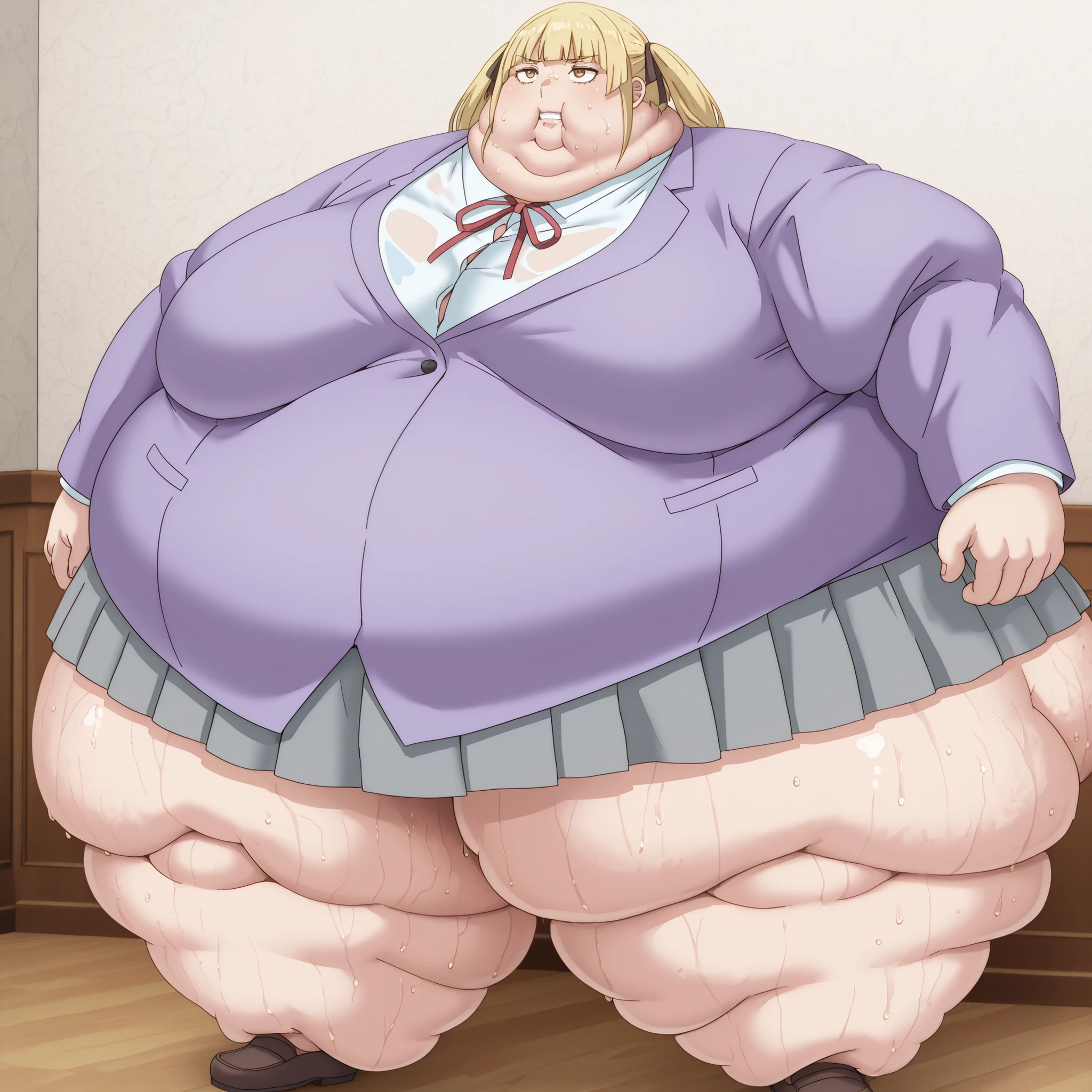 1girl, white shirt, school uniform, brown eyes, skirt, breasts, blonde hair, purple jacket, soaks, shoes, blank_stare, empty_stare, fat, chubby, obese, gigantic arms and legs, large breasts, sweating, wet body, swollen face, Fat_neck , Fat head , eyes with crushed cheeks , nose with crushed cheeks , mouth with crushed cheeks , chin roll,
only head, large head, oversized limbs, large hands, large feet, oversized feet, oversized fingers, big lips, plump lips, fat face, fupa, big fupa, fat fupa,