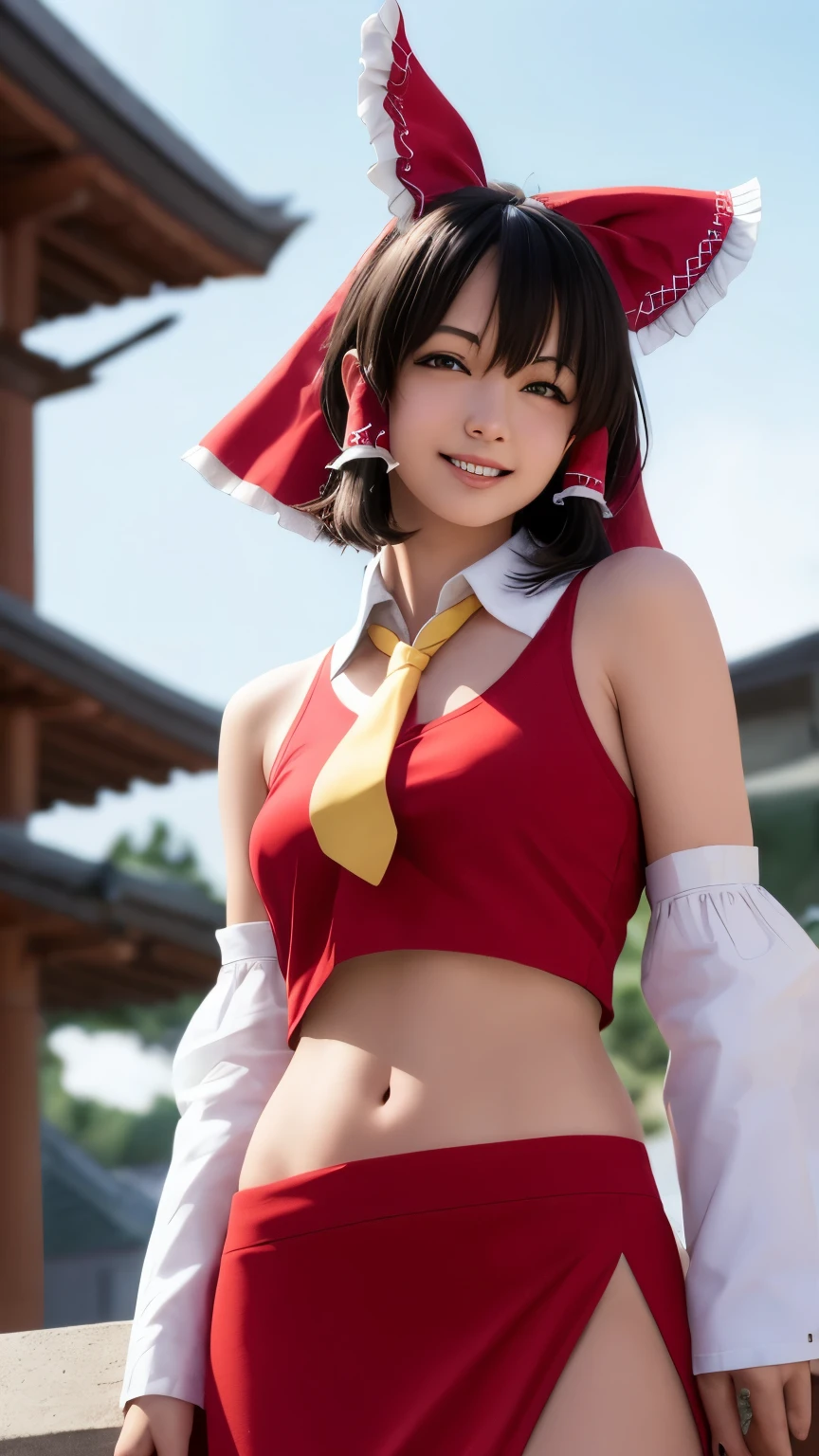 ((nsfw)), gatorade, masterpiece, best quality, 8k, absurdres, (realistic, hyperrealistic:1.4), 16k hdr, ultra realistic, highres, photography, film grain, chromatic aberration, sharp focus, from above, sharp pupils, realistic pupils, ((Touhou Project)), ((hakurei reimu)), beautiful girl, pretty face, Cosplay, (((medium hair))), (((bangs))), (((red ribbon))), BREAK, (((red top))), BREAK, (((Yellow tie))), BREAK, (((white collar))), ((Exposed shoulders)), BREAK, (white sleeves), BREAK, ((medium breasts)), (((Light Clothing))), (((Navel))), BREAK, ((Red skirt)), facelight, dynamic lighting, cinematic lighting, professional shadow, highest detailed, extreme detailed, ultra detailed, finely detail, real skin, delicate facial features, detailed face and eyes, ((looking at viewer)), ((pose)), ((happy smile)), ((cowboy shot)), ((Blue sky)), (((shrine)))