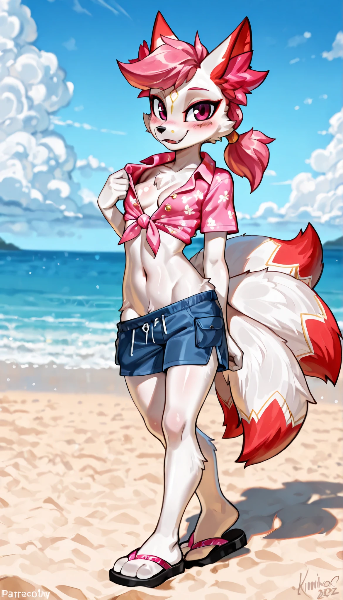 score_9,score_8_up,score_7_up, source_cartoon, source_furry, thick outline, anthropomorphic, countershading, kimiko five tails, furry female anthro, fox girl, white body fur, Pink hair, ((pink hawaiian shirt, short sleeves, collared shirt, tied shirt, midriff, cleavage, blue shorts, sandals)), small breasts, detailed body fur, detailed body, detailed face, detailed eyes, glistering body, shiny body, skinny, :3, multiple tails, multi tail, solo, body fur, (best quality), cinematic lighting, looking at viewer, anime style, short ponytail, scar on face, 2D, fang, navel, small breasts, beach on background, standing, full body, feets with three toes, looking at you, epic portrait, smile, blush, presenting front, sensual pose, tonned body, thin body, short body, big head, partial nude, striptease, striptease act, undressing act, undressing by self, unfastened shorts, one hand pull down his shorts, one shoulder off, sexy, seductive stance, detailed fluffy, 