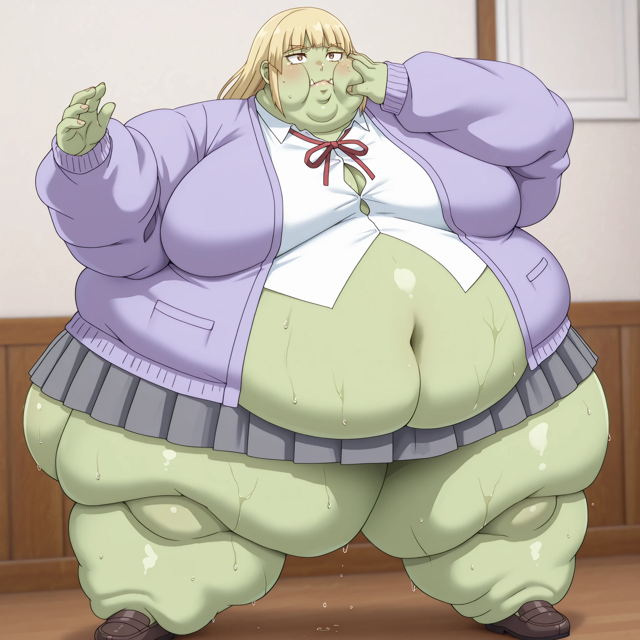 Becoming a orc, monster, Orc, Female Orc, green skin, tusks, Orc, fangs, 1girl, white shirt, school uniform, brown eyes, skirt, breasts, blonde hair, purple jacket, soaks, shoes, blank_stare, empty_stare, fat, chubby, obese, gigantic arms and legs, large breasts, sweating, wet body, swollen face, Fat_neck , Fat head , eyes with crushed cheeks , nose with crushed cheeks , mouth with crushed cheeks , chin roll,
only head, large head, oversized limbs, large hands, large feet, oversized feet, oversized fingers, big lips, plump lips, fat face, fupa, big fupa, fat fupa, clothes ripping, clothes stretching, clothes tearing, one hand touching face, one hand touching stomach